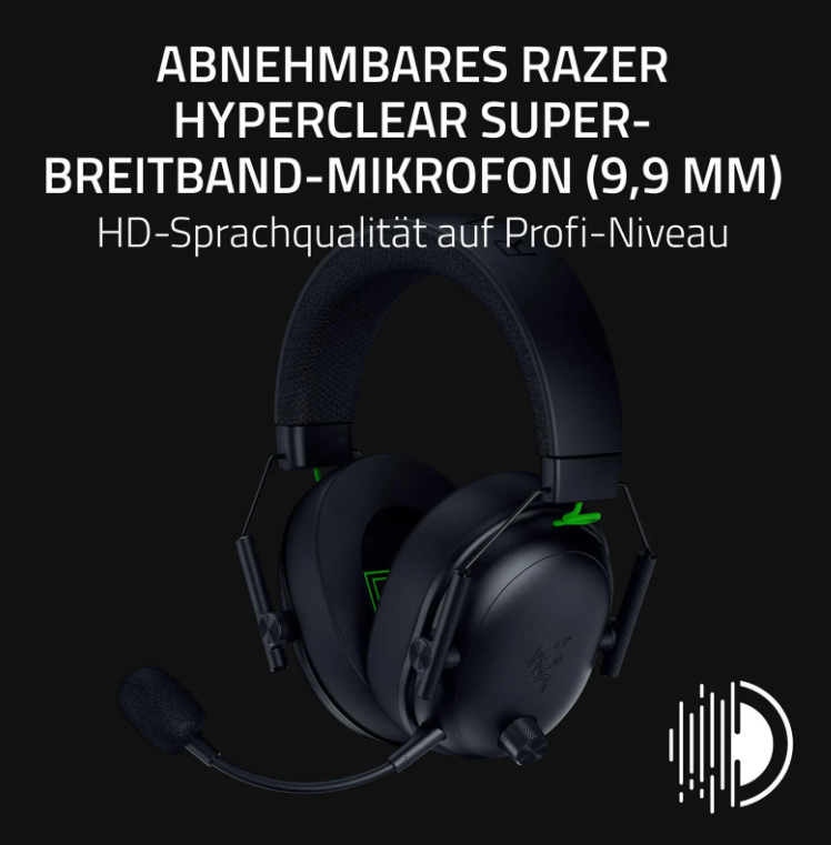 Schwarzes Razer-Gaming-Headset mit abnehmbarem Mikrofon. Merkmale grüne Akzente und Text auf Deutsch, der für seine Funktionen wirbt.