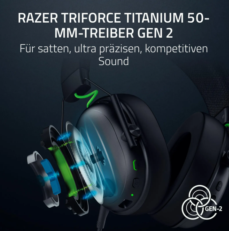 Schwarzes Razer-Headset mit grünen Akzenten. Explosionsansicht zeigt Innenkomponenten. Text lautet 'RAZER TRIFORCE TITANIUM' und 'GEN 2'.