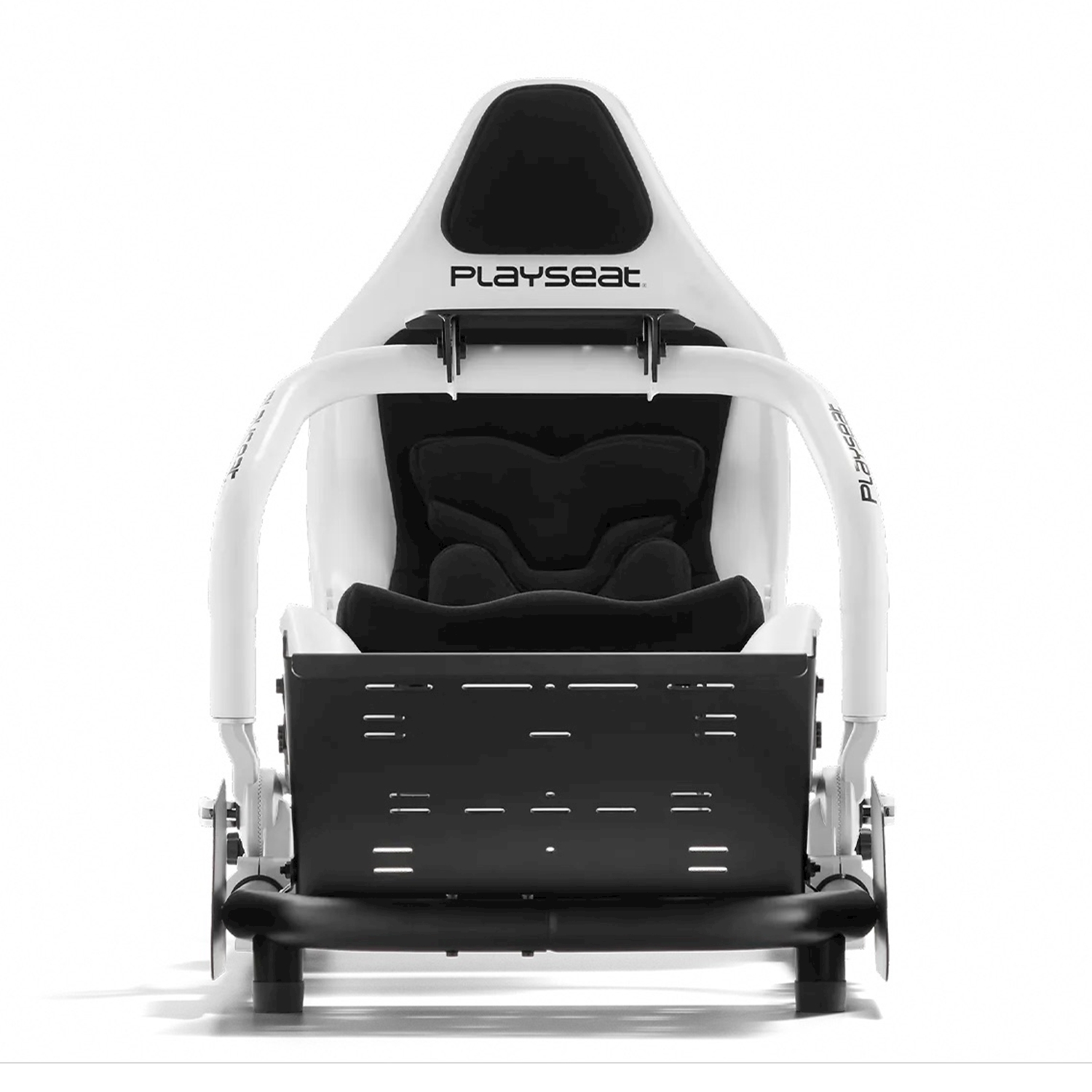 Una sedia da gioco Playseat bianca e nera è centrata. Il sedile ha un cuscino nero, un telaio bianco e una base nera.