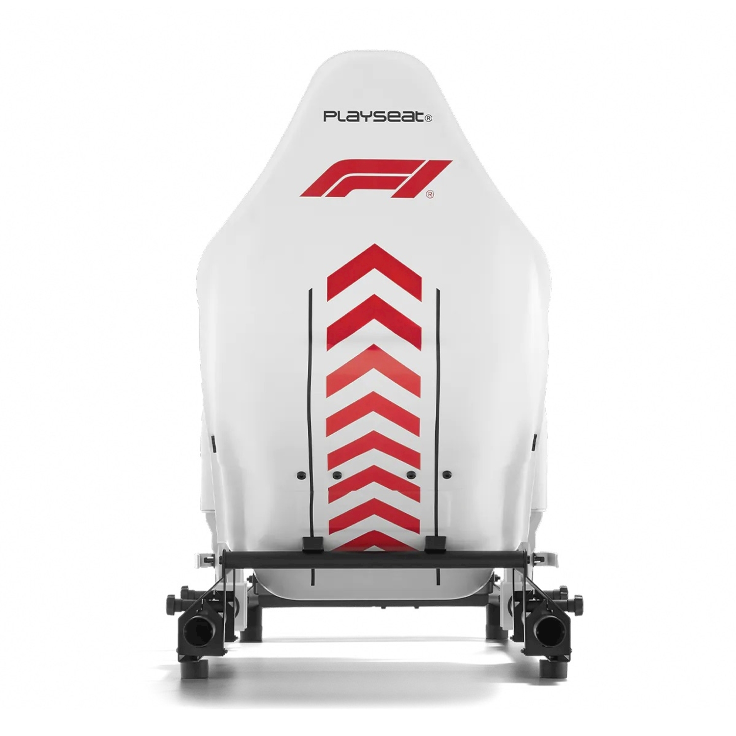 Sedile bianco per simulatore di corse con motivo a frecce rosse e logo F1. Base nera con ruote.