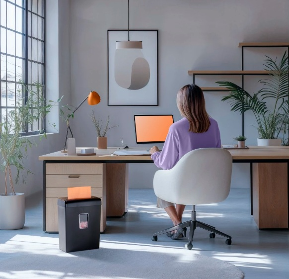 Kobieta siedzi przy biurku w biurze. Obecne są komputer, lampa i niszczarka. W tle okno i dzieło sztuki.
