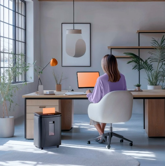 Kobieta siedzi przy biurku w biurze. Widoczne są komputer, lampa i niszczarka. Rośliny i sztuka zdobią pokój.