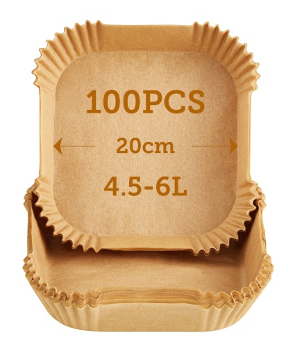 Stos brązowych papierowych wkładek do frytkownicy powietrznej. Tekst brzmi: 100PCS, 20cm, 4.5-6L. Marszczone krawędzie, kwadratowy kształt, tekstura papieru.