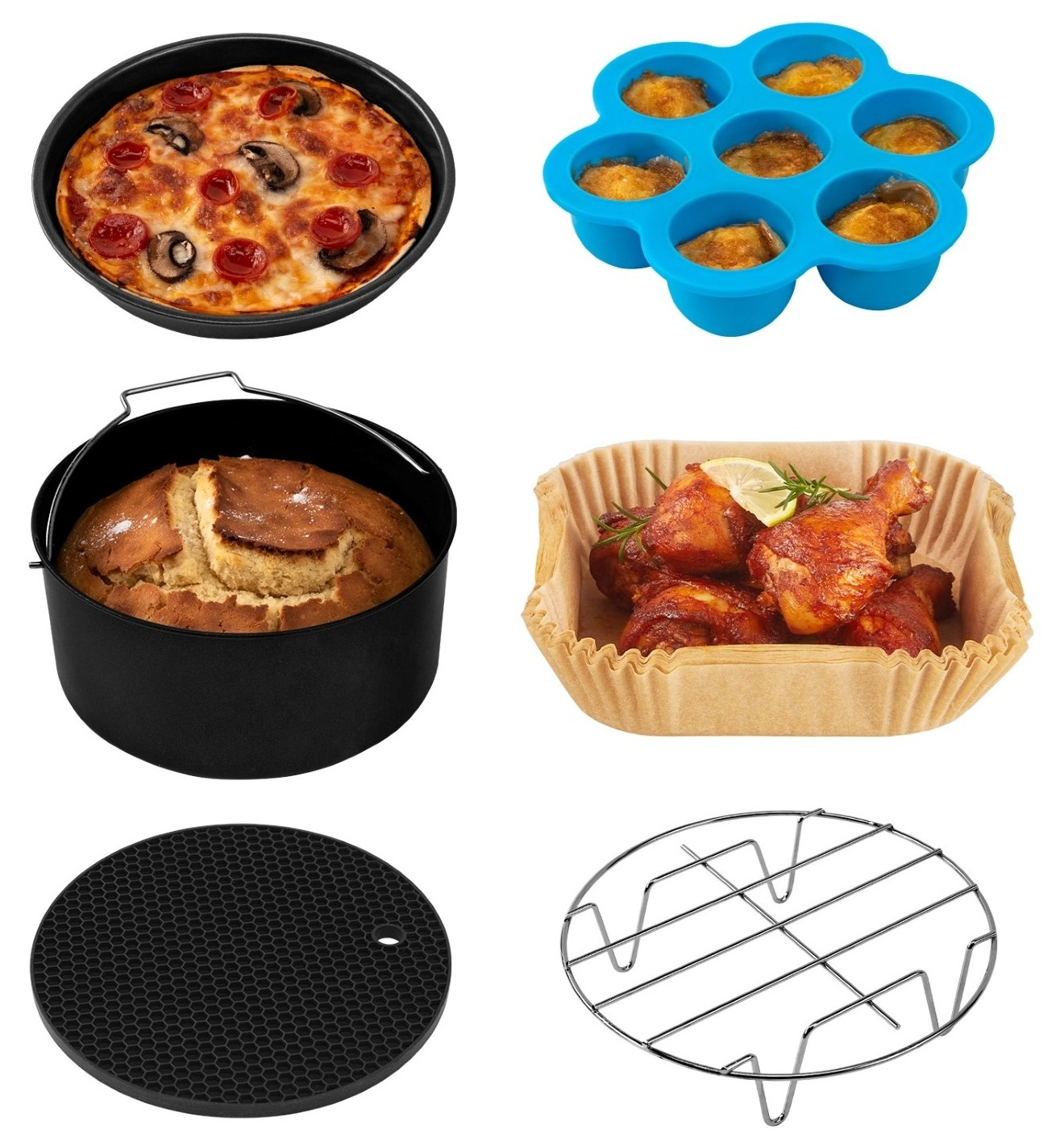 Zdjęcie przedstawia gotowane potrawy: pizzę, babeczki, chleb, pałki z kurczaka oraz akcesoria, takie jak mata i ruszt.