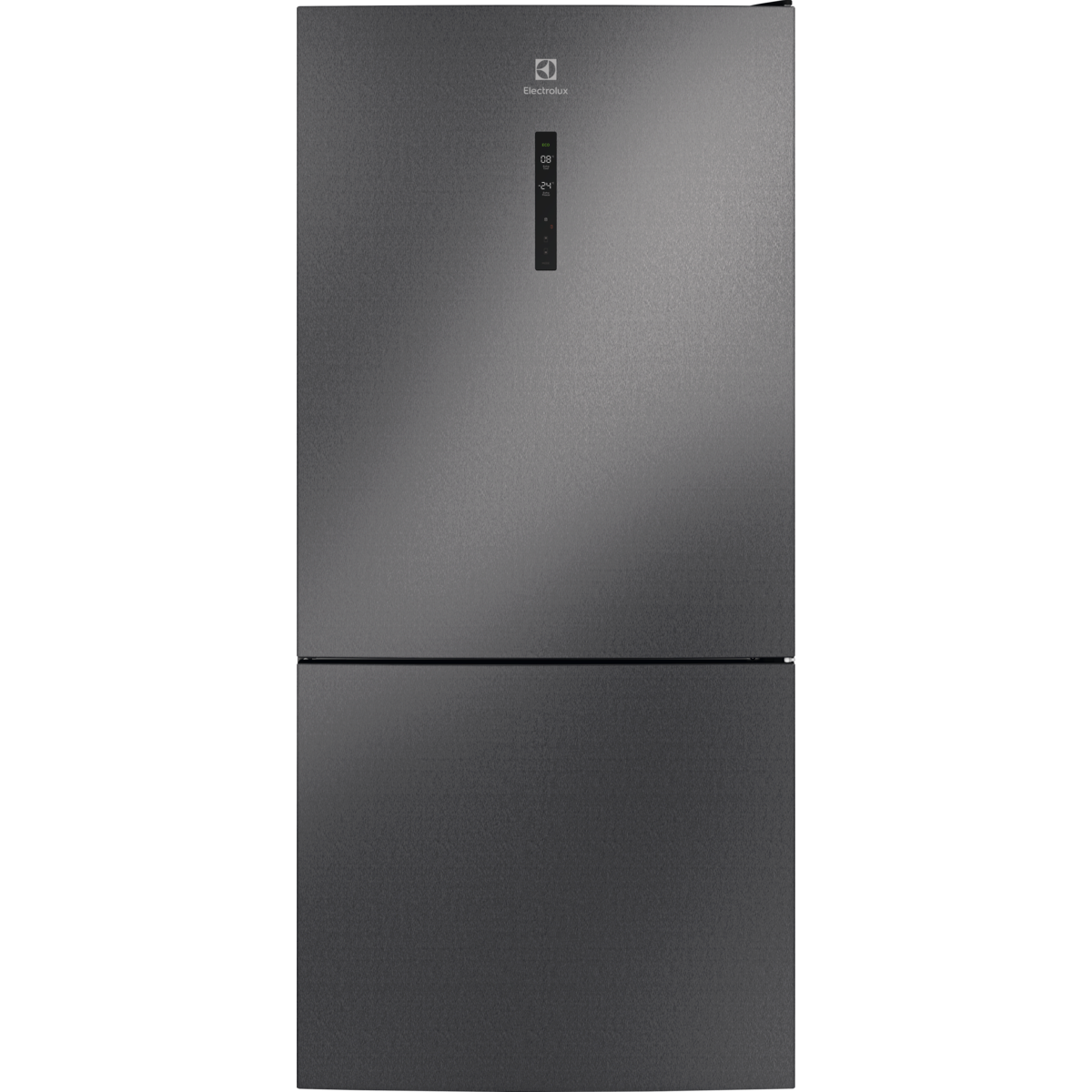 Koyu gri bir Electrolux buzdolabı. İki kapısı var. Üst kapıda küçük bir ekran var. Arka plan siyah.