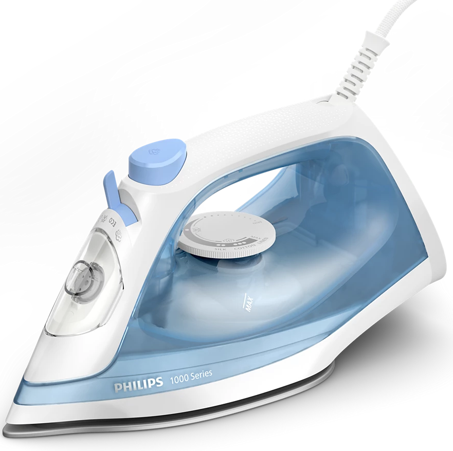 Biało-niebieskie żelazko Philips. Posiada zbiornik na wodę, pokrętło temperatury i przycisk pary. Kabel jest biały. Podstawa jest czarna.