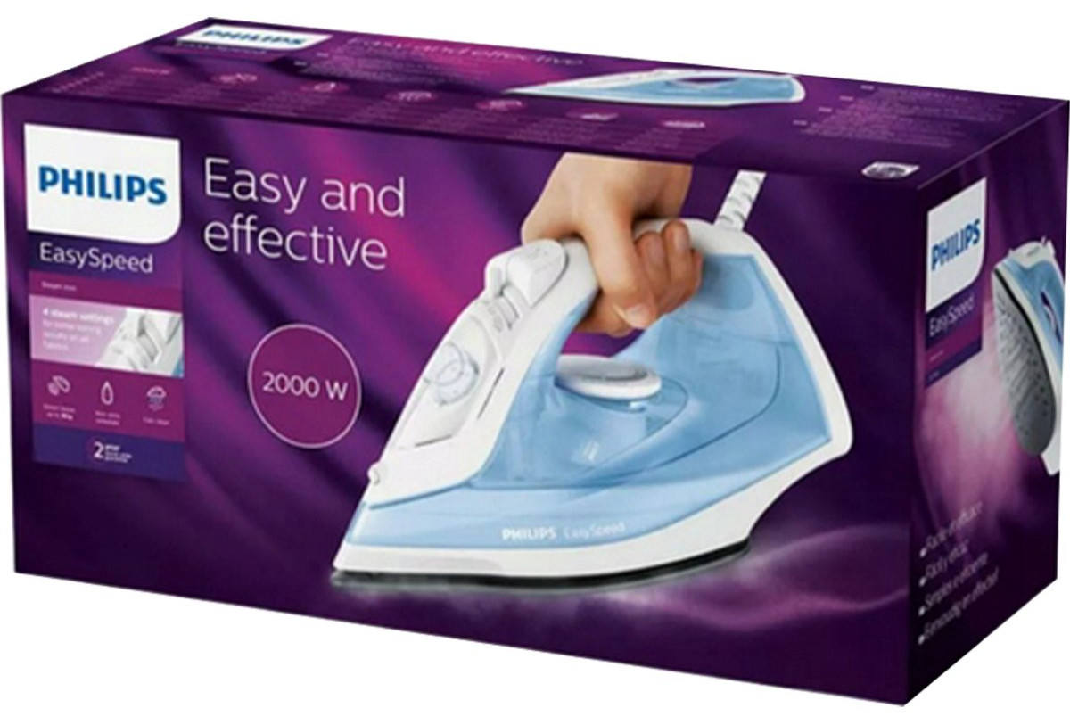 Zapakowane żelazko Philips EasySpeed. Ręka trzyma biało-niebieskie żelazko. Fioletowe pudełko pokazuje żelazko i szczegóły produktu.