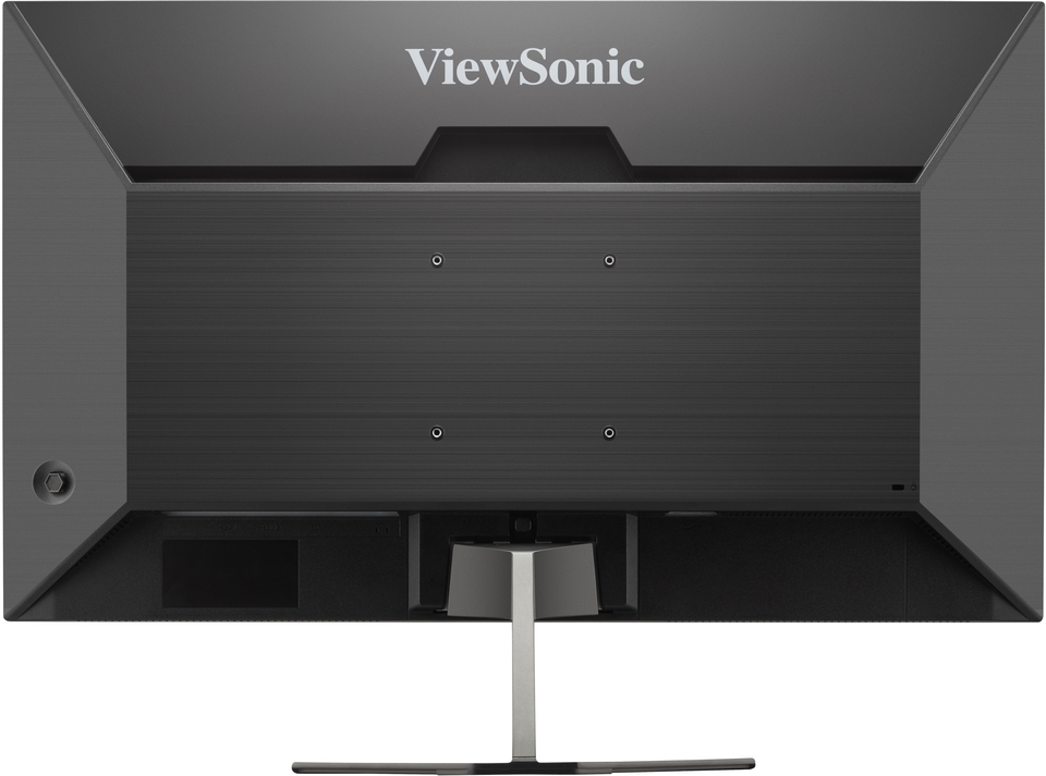 Bir ViewSonic monitörün arkası. Koyu gri metal kaplaması, bir standı ve bağlantı noktaları vardır. Marka adı üstte.