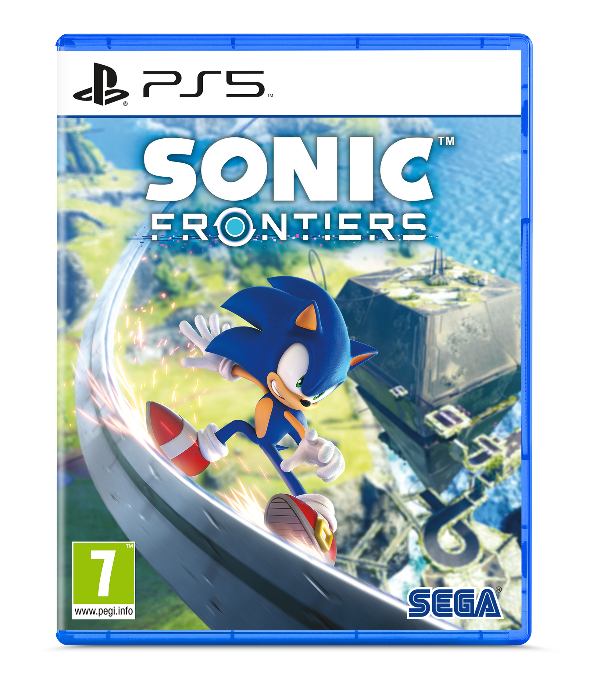 Sonic bir parkurda, ileri doğru zıplıyor, 'Sonic Frontiers' oyununun başlığı ve PS5 logosu kapakta.