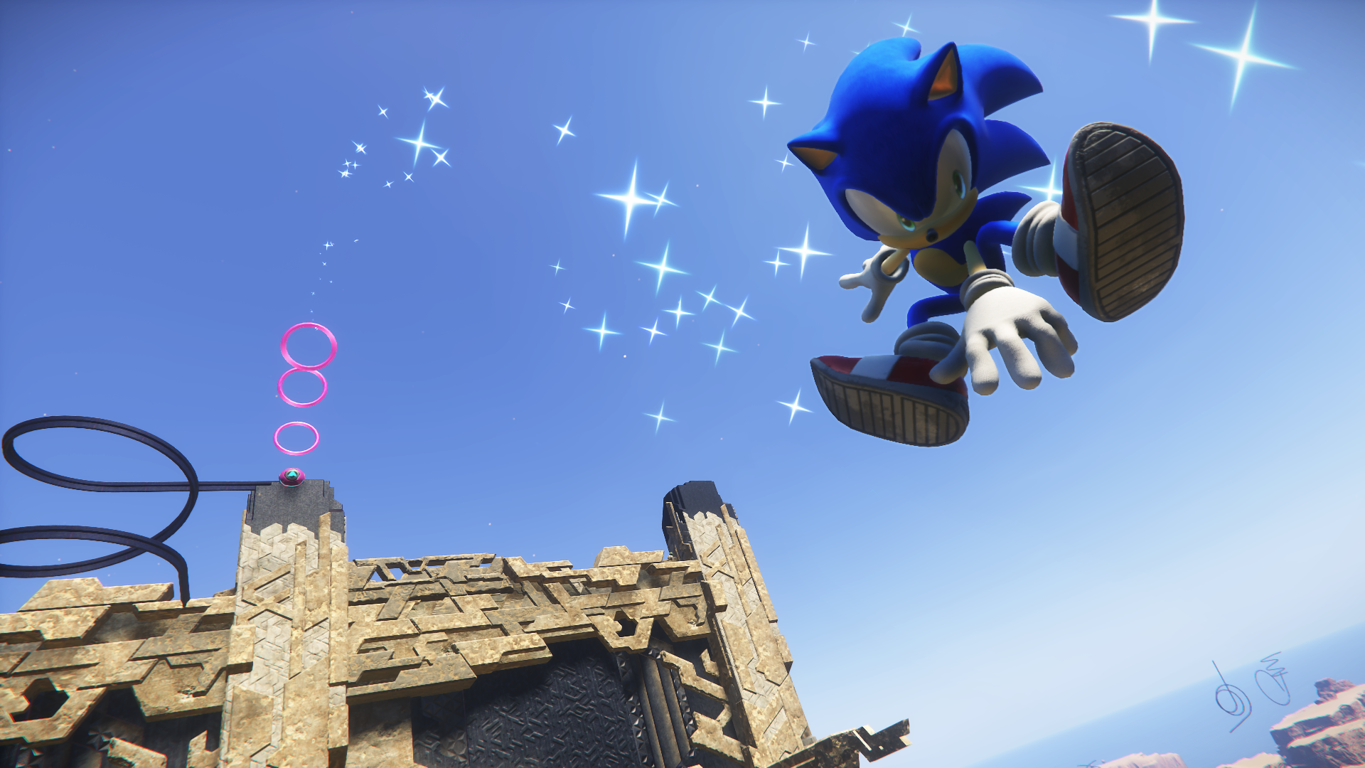 Kirpi Sonic izleyiciye doğru zıplıyor. Halkalar ve bir yapı ön planda, mavi gökyüzü ve yıldızlarla.