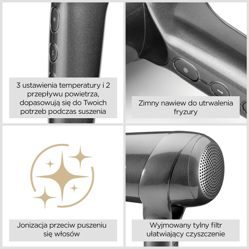 Zbliżenie suszarki do włosów z funkcjami, takimi jak ustawienia temperatury, zimne powietrze, jonizacja antystatyczna i wyjmowany filtr.