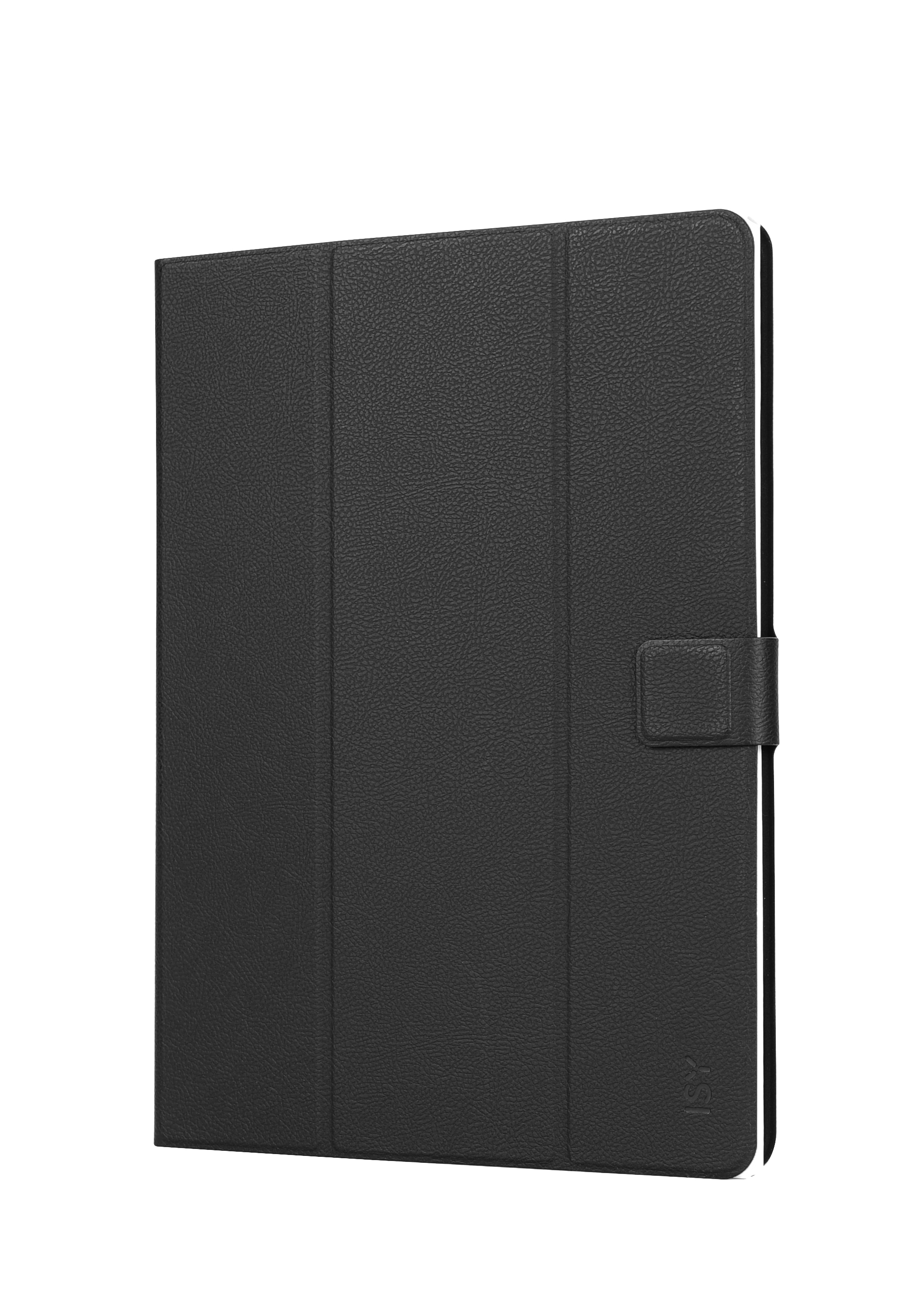 Schwarze Tablethülle mit strukturierter Oberfläche und Magnetverschluss. Weißer Hintergrund.