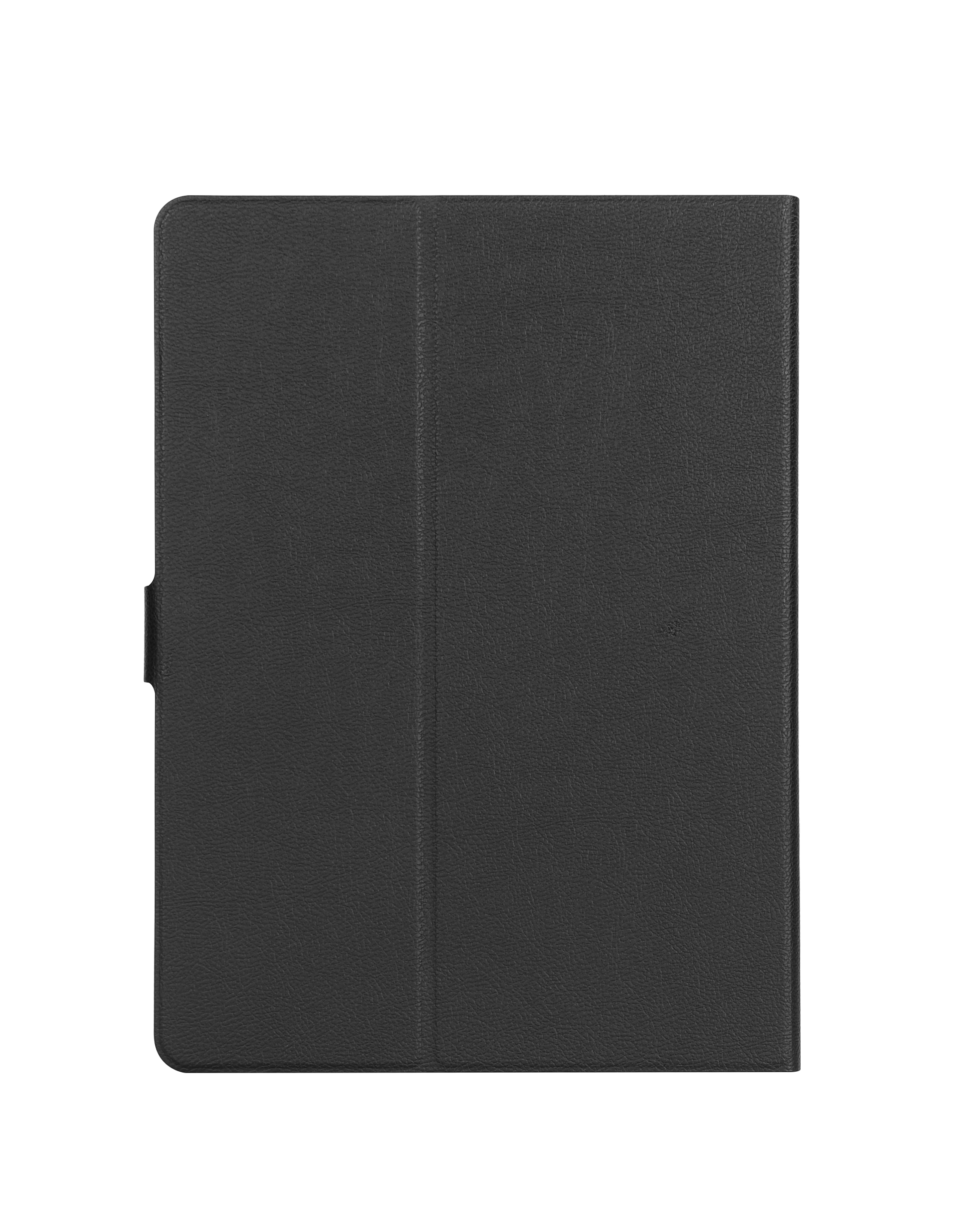 Eine schwarze Tablethülle vor weißem Hintergrund. Die Hülle ist geschlossen.
