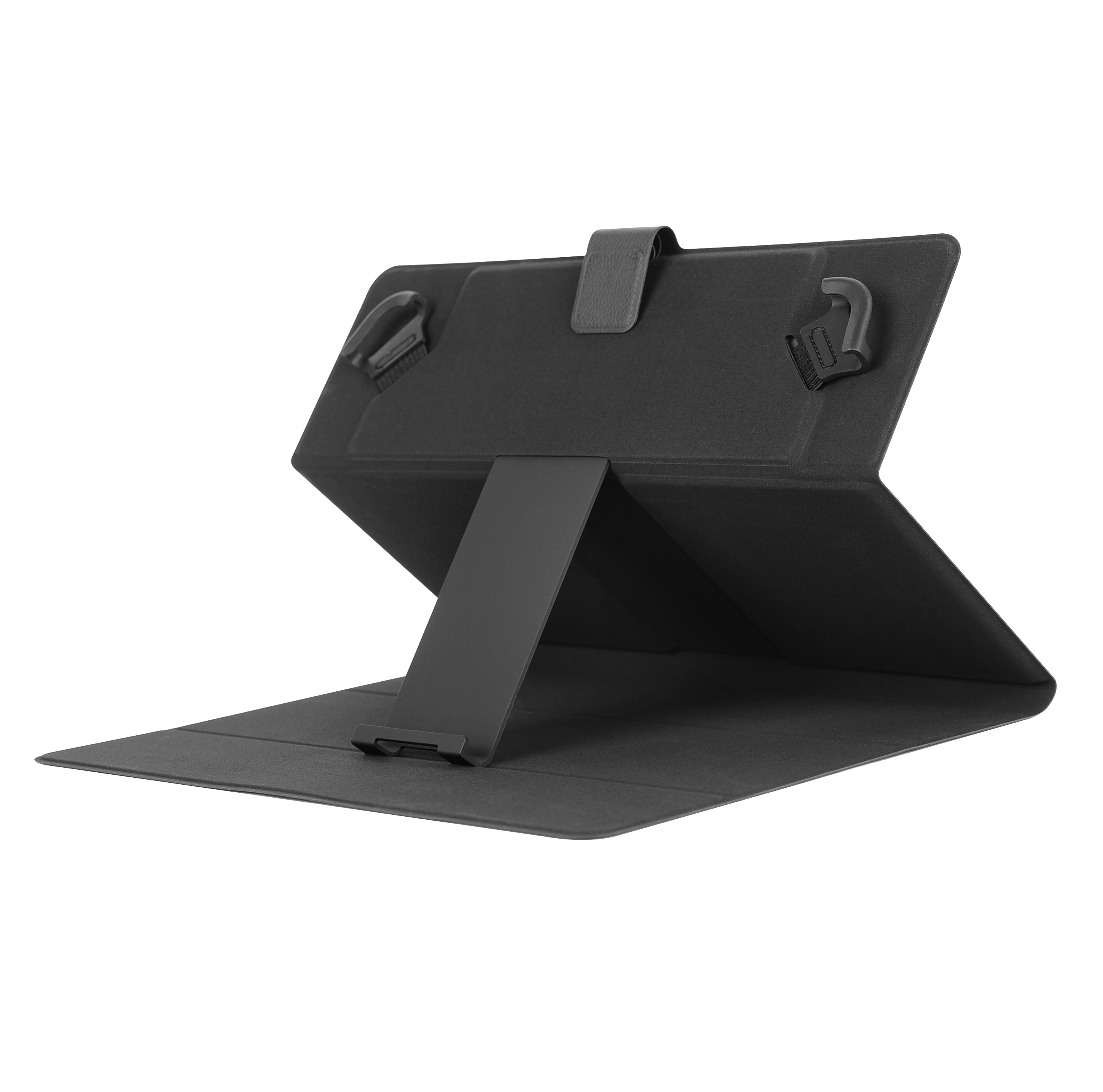 Schwarze Tablethülle mit Ständer. Die Hülle ist geöffnet und zeigt das Innere. Ein Ständer hält sie hoch.