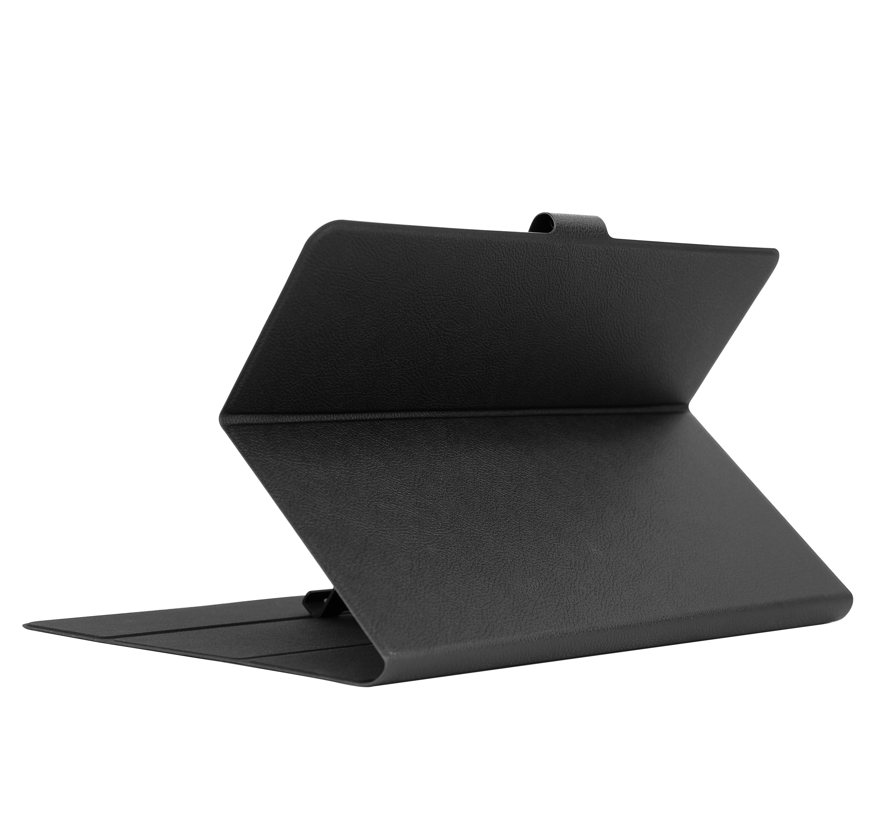 Eine schwarze Tablethülle ist geöffnet. Die Hülle ist abgewinkelt, die untere Hälfte flach, die obere angehoben.