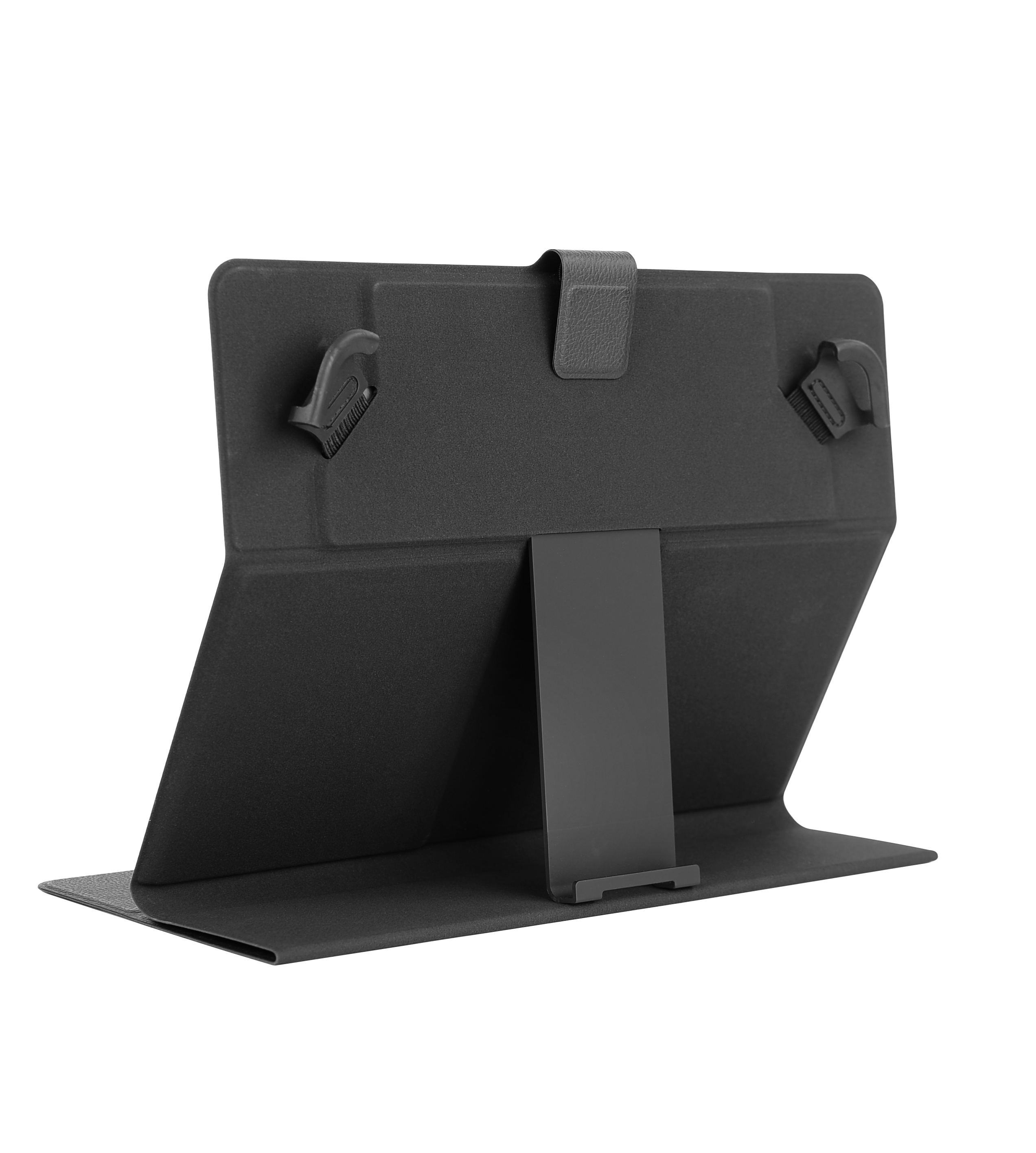 Schwarze Tablet-Hülle, offen, mit Ständer. Sie hat einen Lederverschluss und zwei schwarze Kunststoffhalter.