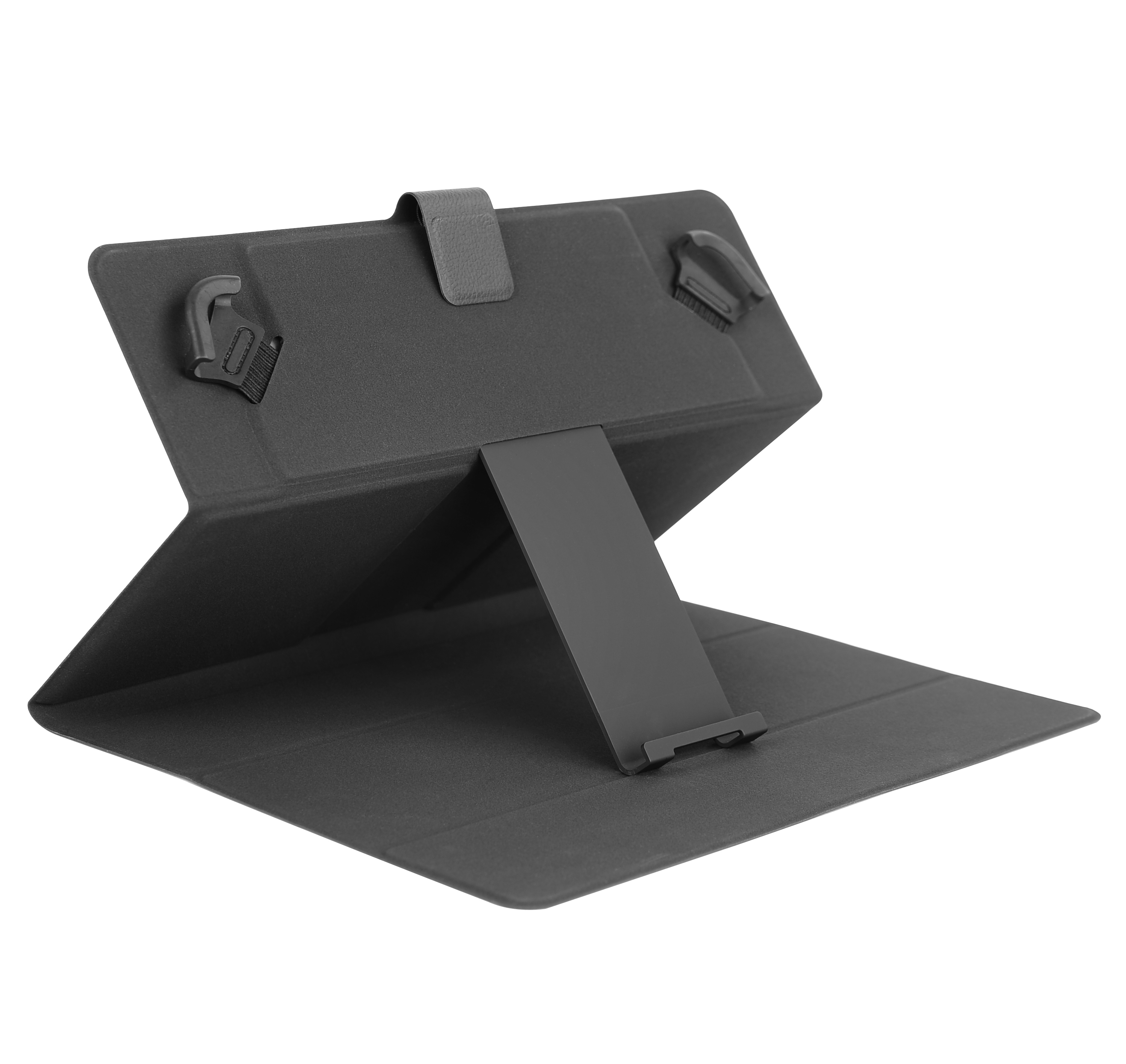 Eine schwarze Tablet-Hülle mit Ständer ist geöffnet. Es hat einen Verschluss. Der Ständer stützt die Hülle.