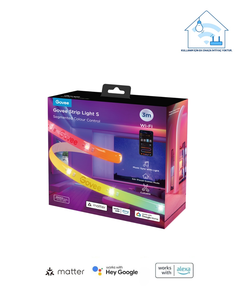Govee Strip Light S kutusu. Segmentli renk kontrolü, Wi-Fi ve Alexa ve Google Home uyumluluğu olan bir ışık şeridi gösteriyor.