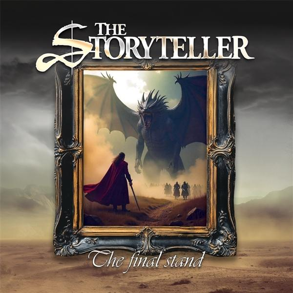 Ein gerahmtes Bild zeigt einen Drachen, der einer Person mit Schwert und rotem Umhang gegenübersteht. Der Titel lautet 'The Storyteller', 'The final stand'.