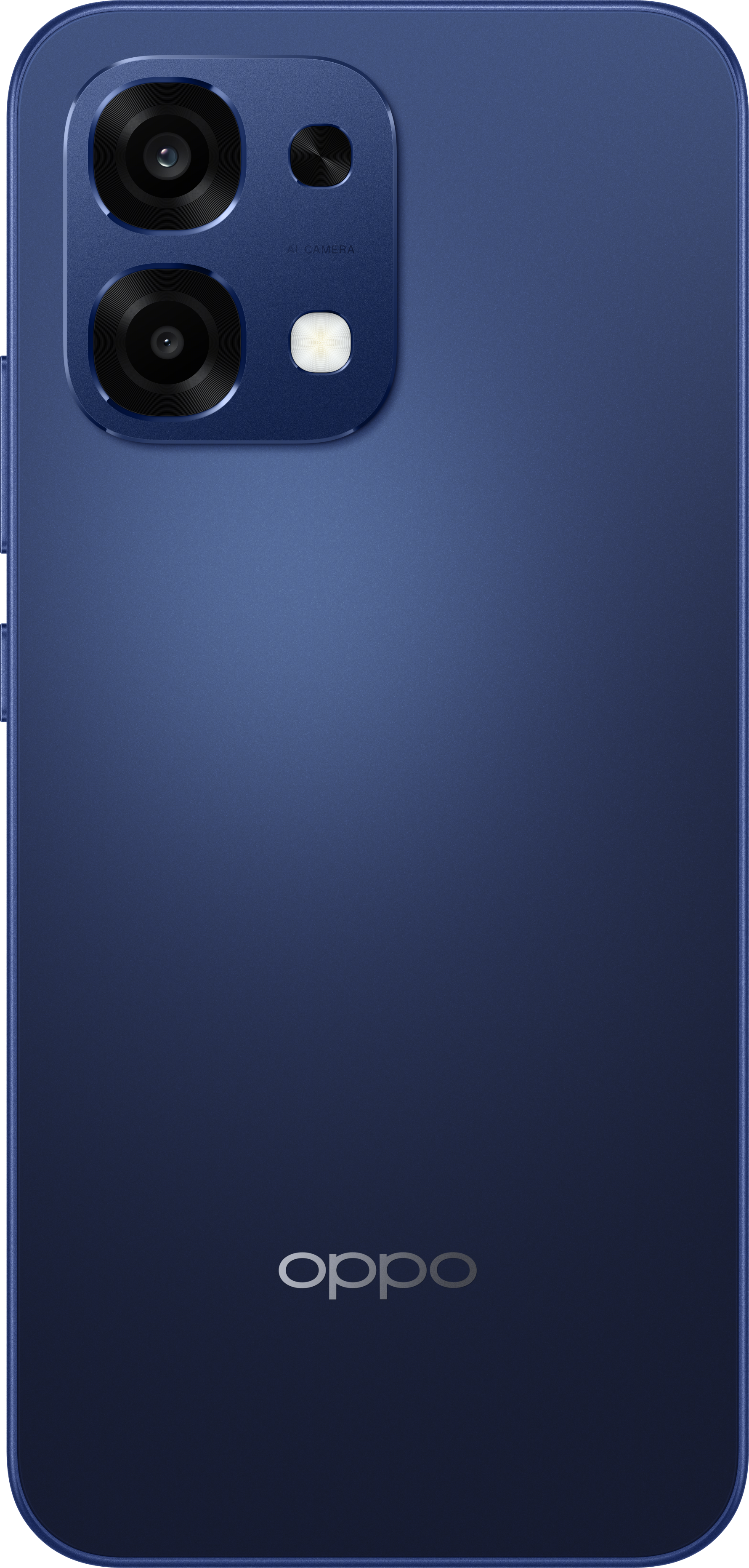 Kamera dizisi ve flaşlı mavi Oppo telefon arkası. Oppo logosu altta.