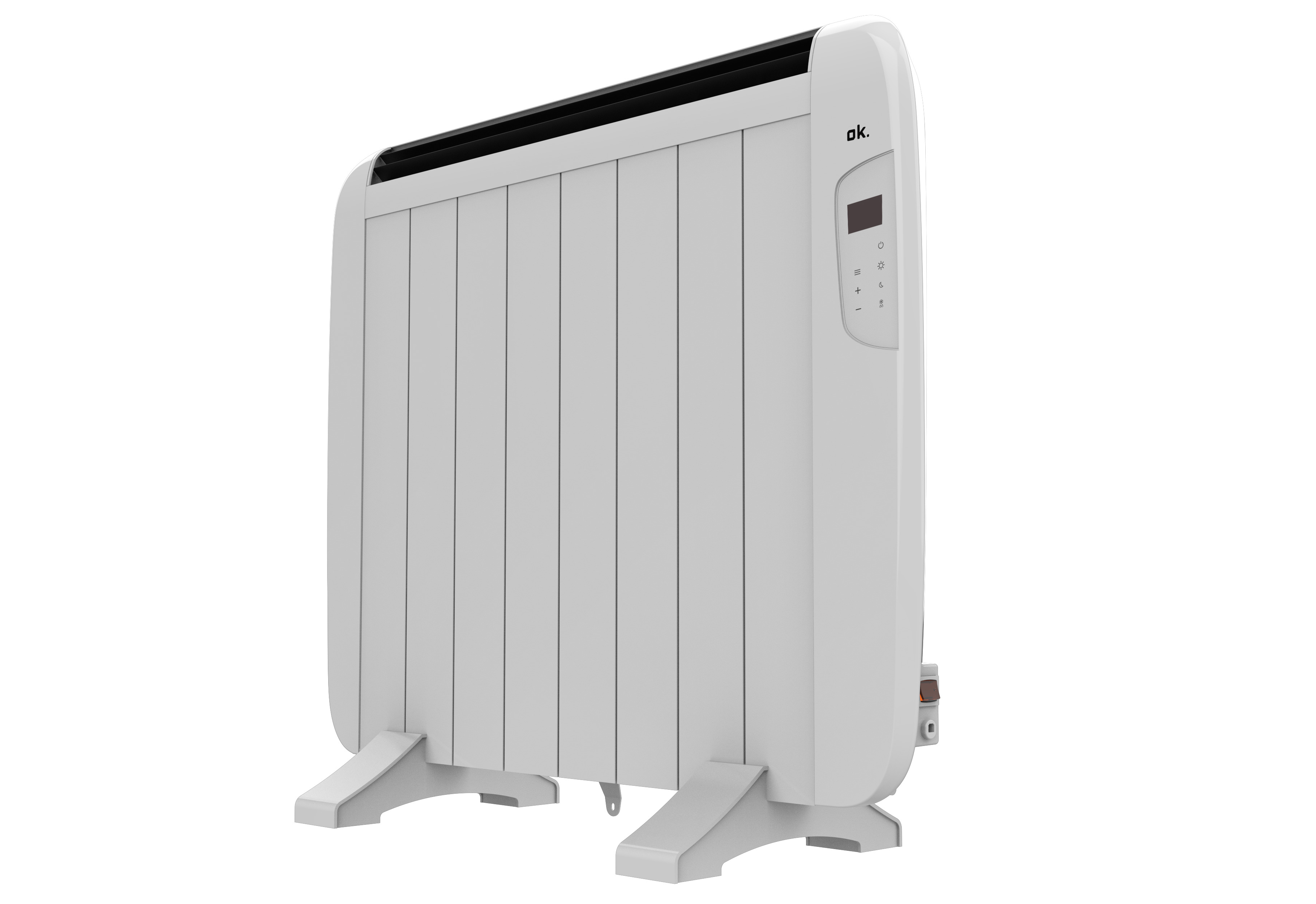 Un radiador eléctrico blanco con pantalla digital y botones de control, sobre dos patas, sobre fondo blanco.