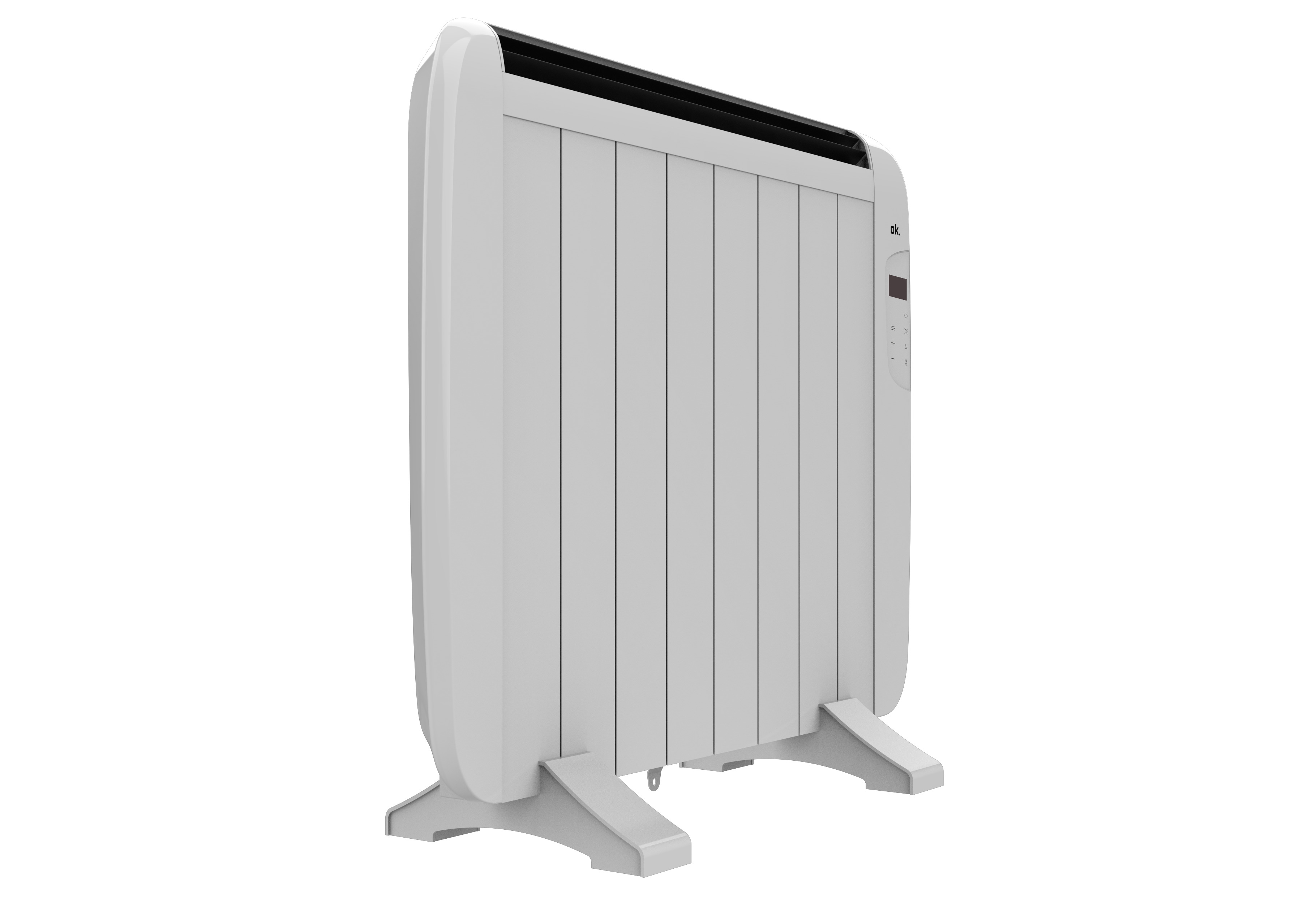 Un radiador eléctrico blanco, con aletas verticales. Tiene una pantalla digital y se apoya en dos pies.
