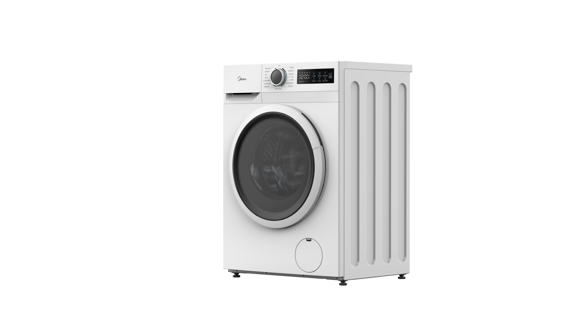 Una lavadora Midea blanca. Tiene una puerta redonda, panel de control y pantalla digital. El fondo es negro.