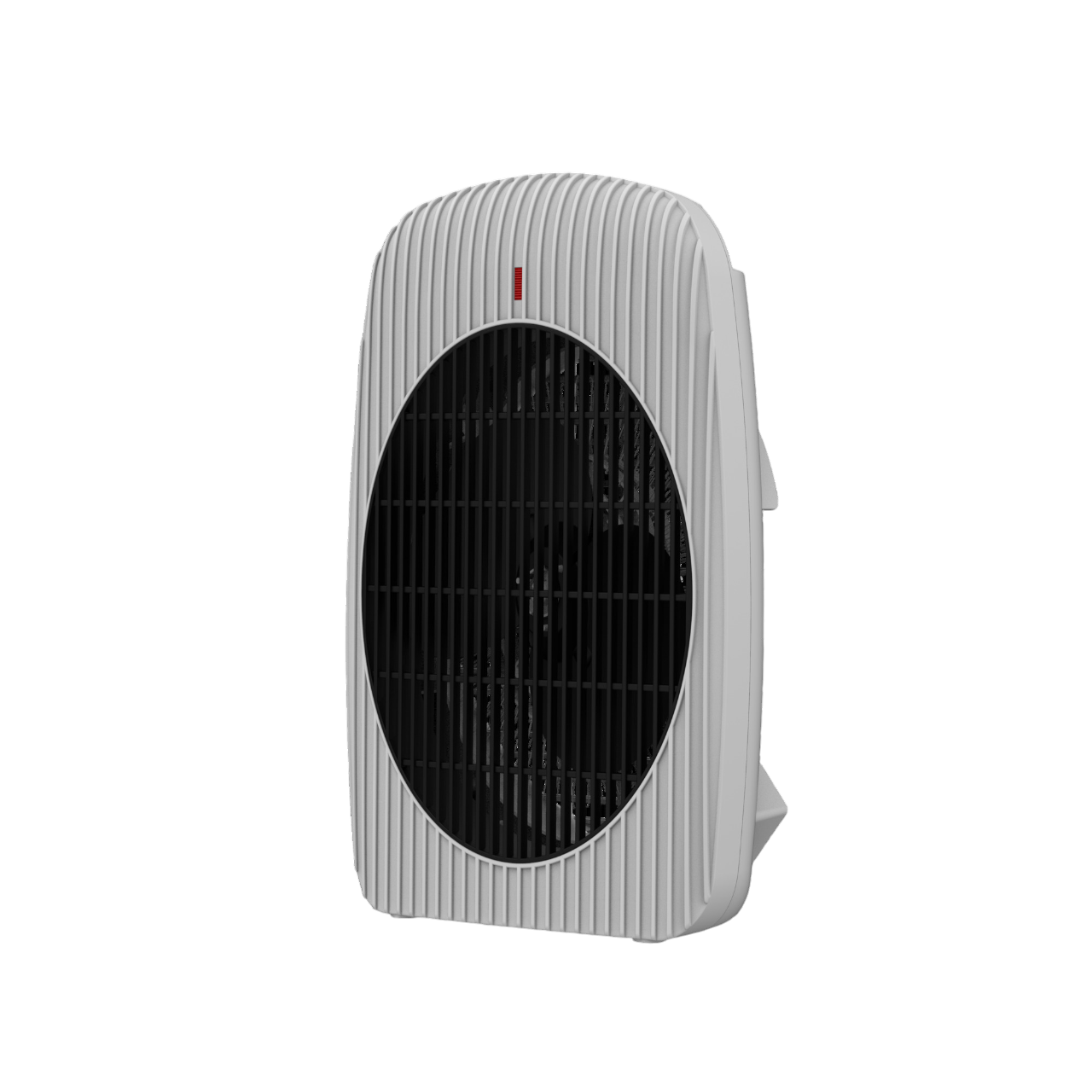 Un calentador eléctrico blanco con ventilador negro. Tiene un diseño vertical con un indicador rojo en la parte superior.