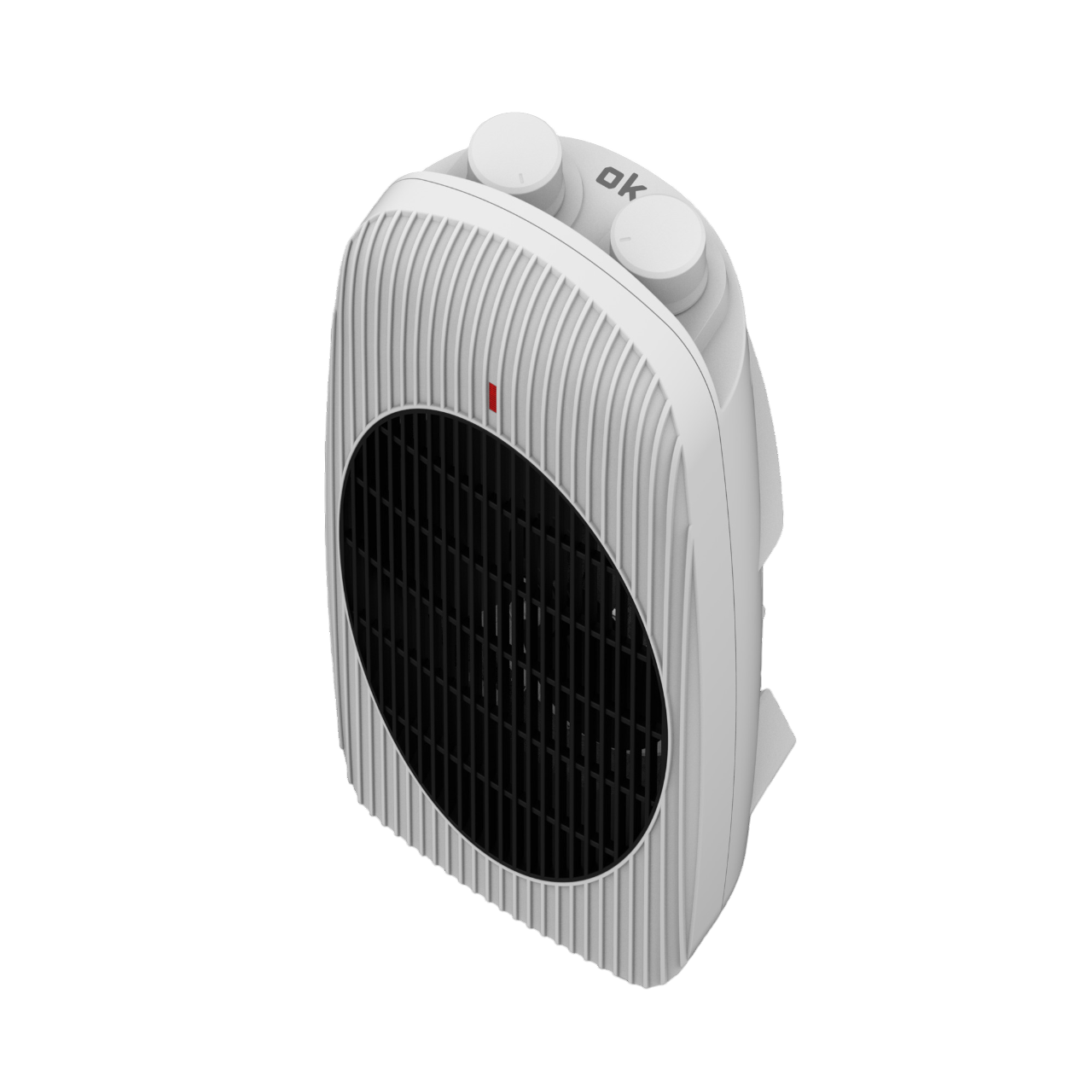 Un calentador eléctrico blanco con rejilla negra, dos perillas y una luz indicadora roja. La marca 'ok' es visible.