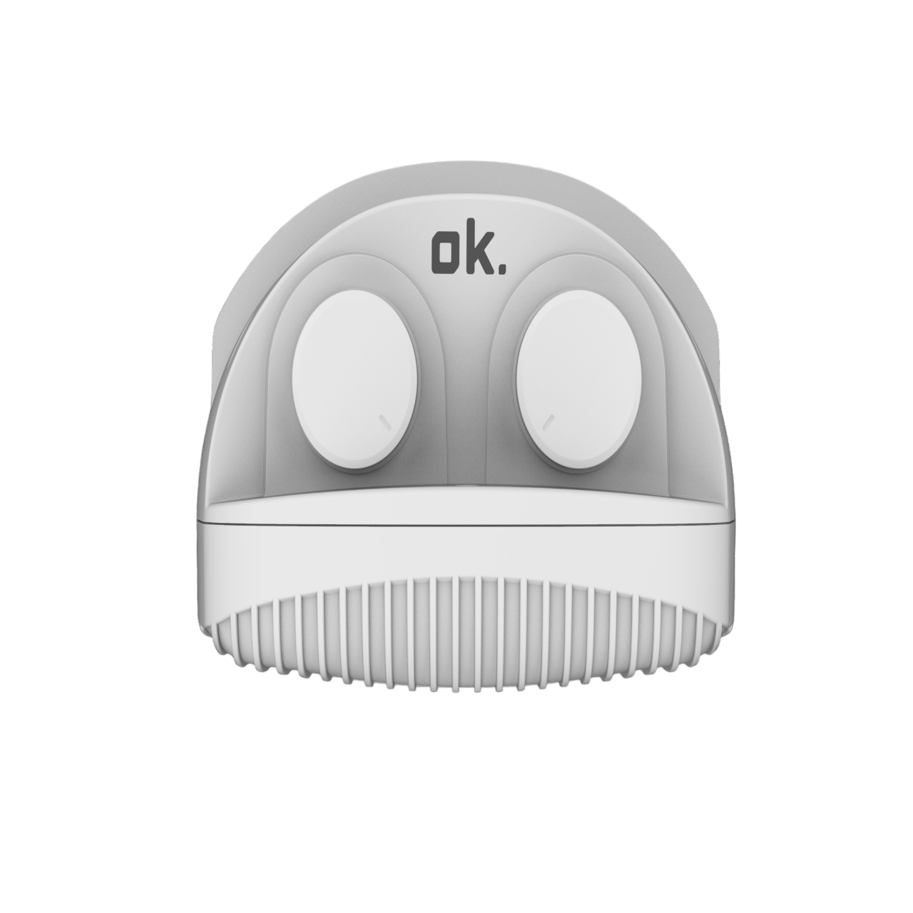 Un dispositivo blanco y gris con dos perillas circulares blancas y una parte inferior acanalada. La palabra 'ok.' está impresa arriba.