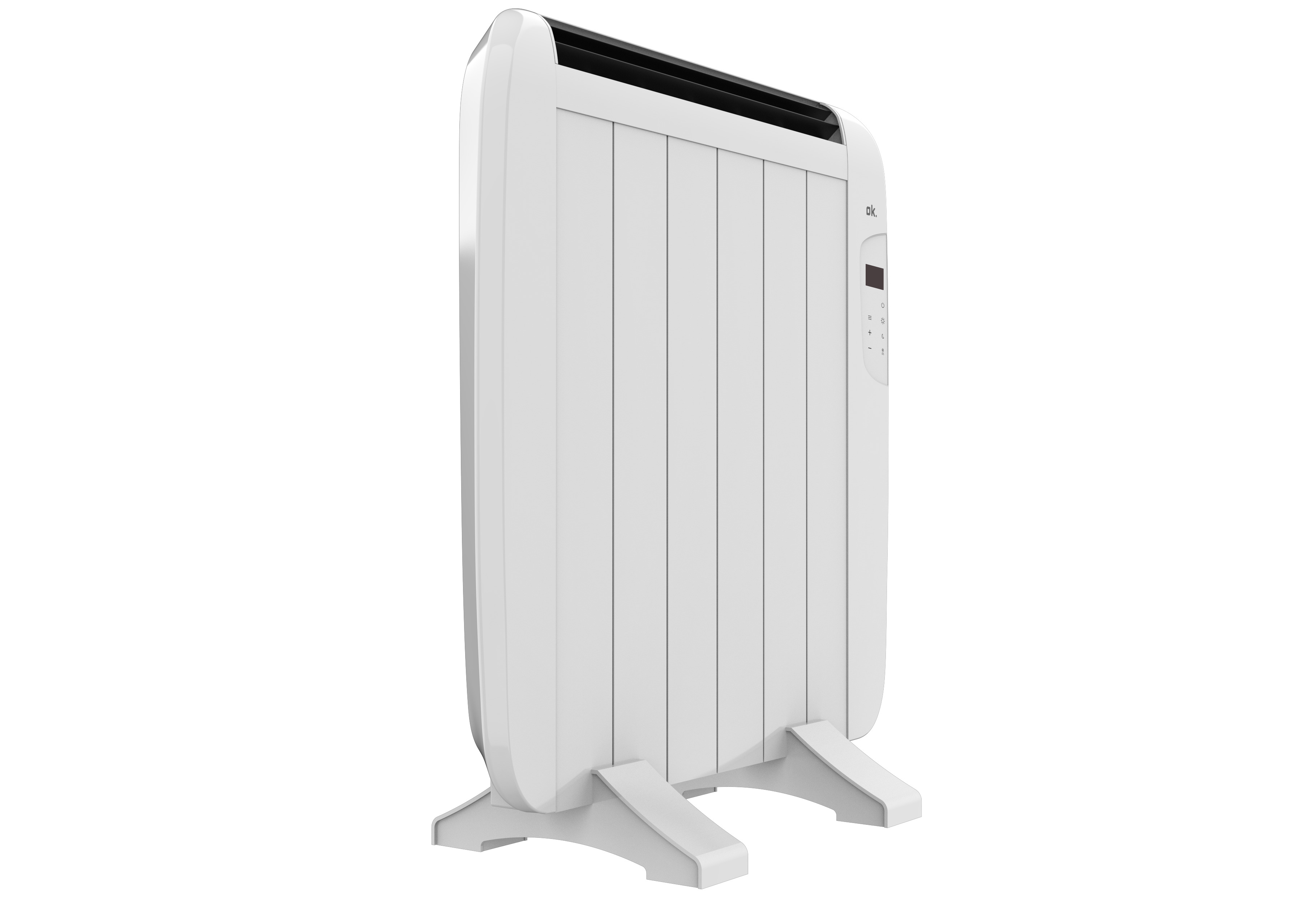 Un radiador eléctrico blanco, visto desde un ángulo lateral, con pantalla digital y soporte. El fondo es blanco.