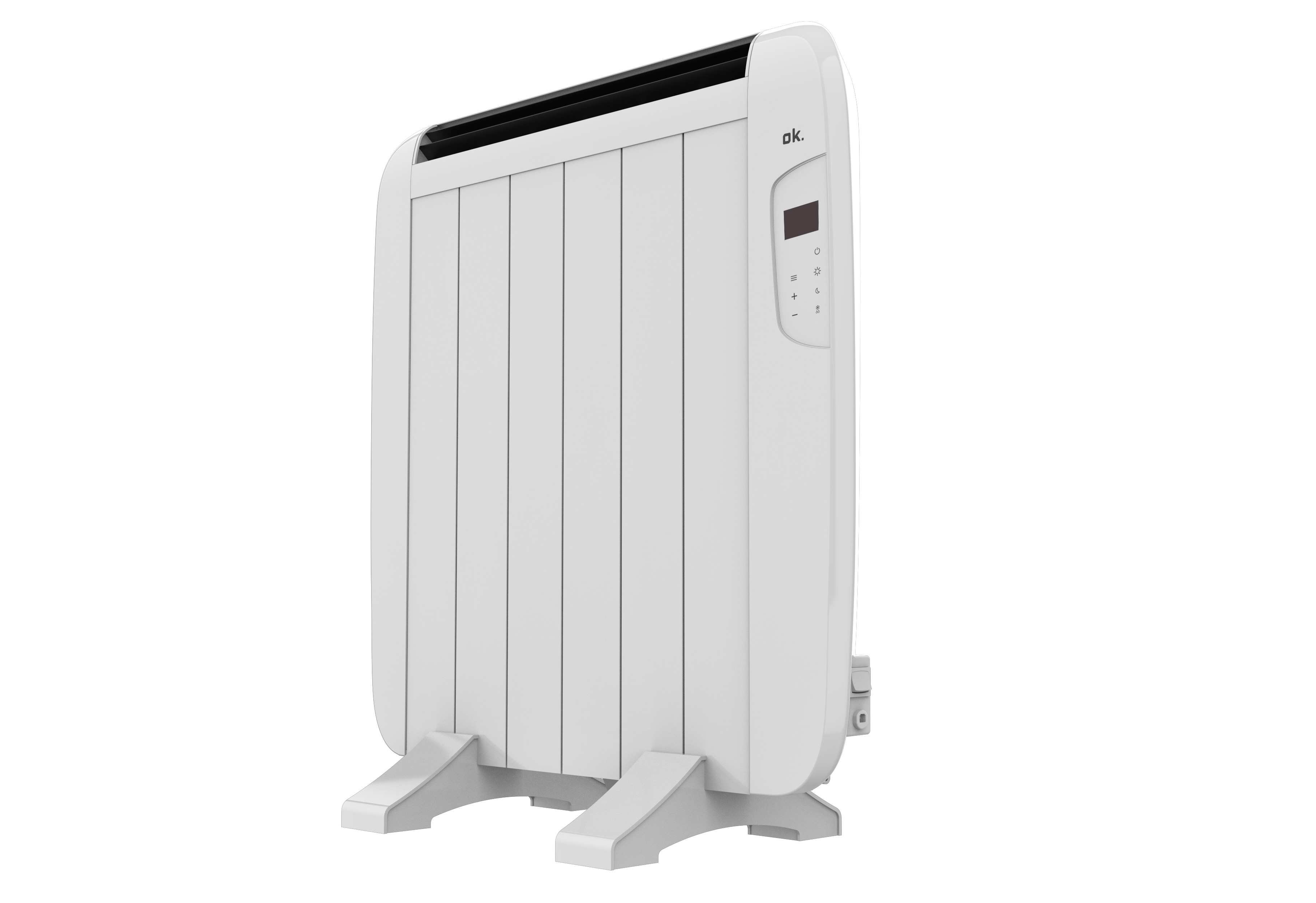 Un radiador eléctrico blanco, con barras verticales y una pantalla digital en el lateral, aislado sobre fondo blanco.