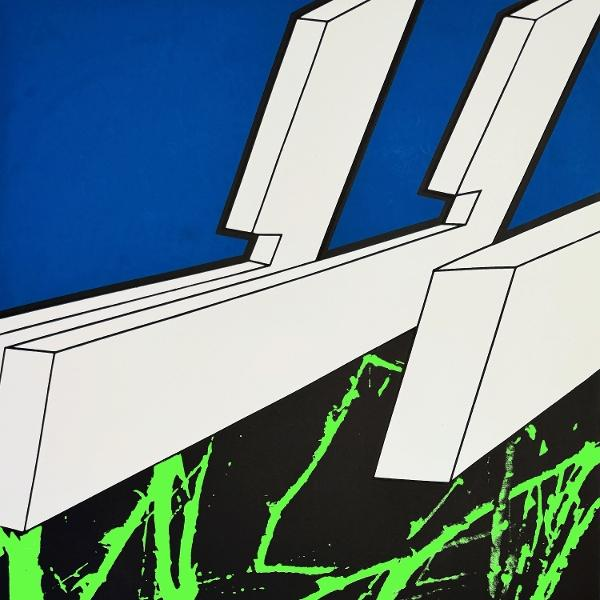 Abstrakte Kunst: weiße geometrische Formen auf schwarzem und blauem Hintergrund, mit grünen Farbspritzern.