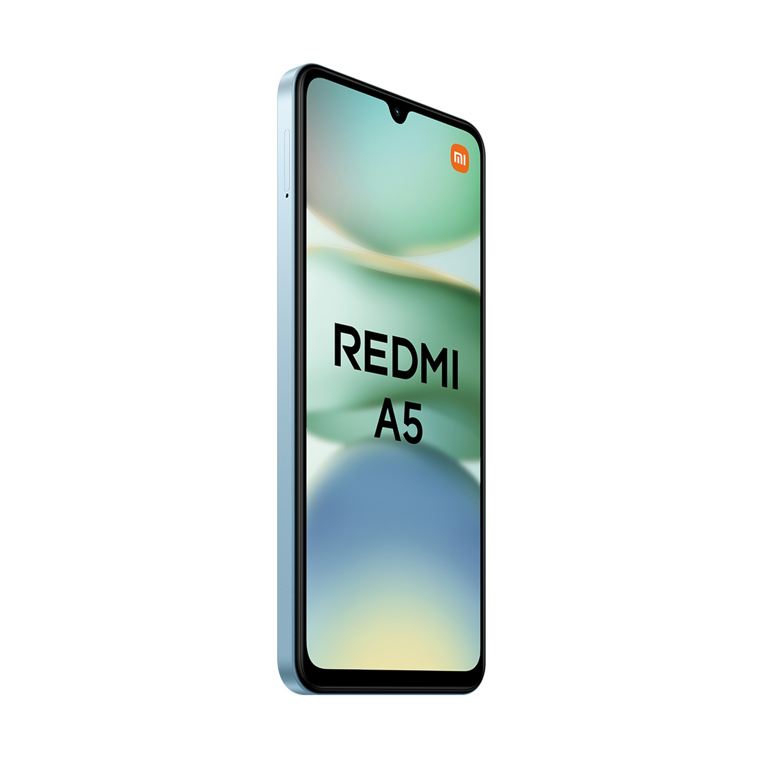 Uno smartphone Redmi A5, cornice azzurra, schermo nero con testo e logo, sfondo bianco.