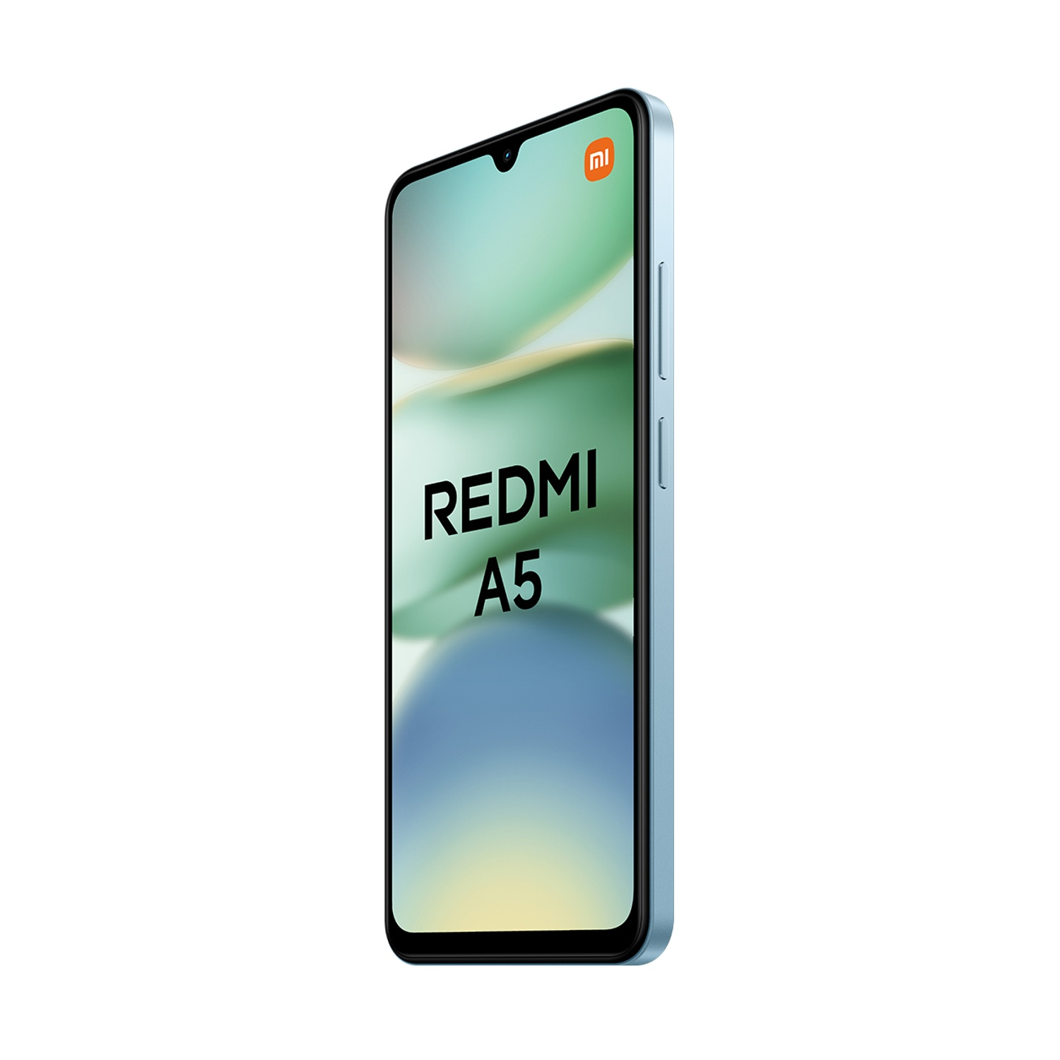 Uno smartphone Redmi A5, cornice azzurra, lo schermo mostra uno sfondo colorato sfocato. Il logo Redmi e il testo A5 sono visibili.