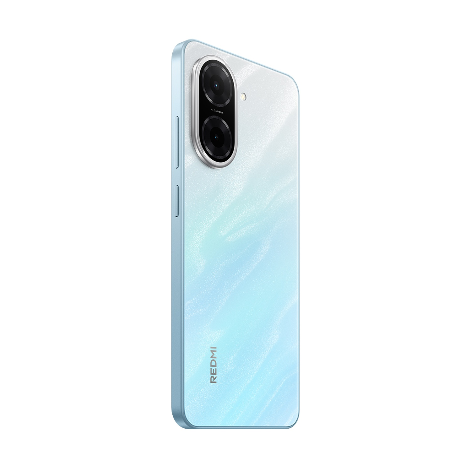 Un telefono Redmi azzurro, vista angolata. Presenta doppia fotocamera, flash e logo Redmi. Il retro ha un effetto sfumato.