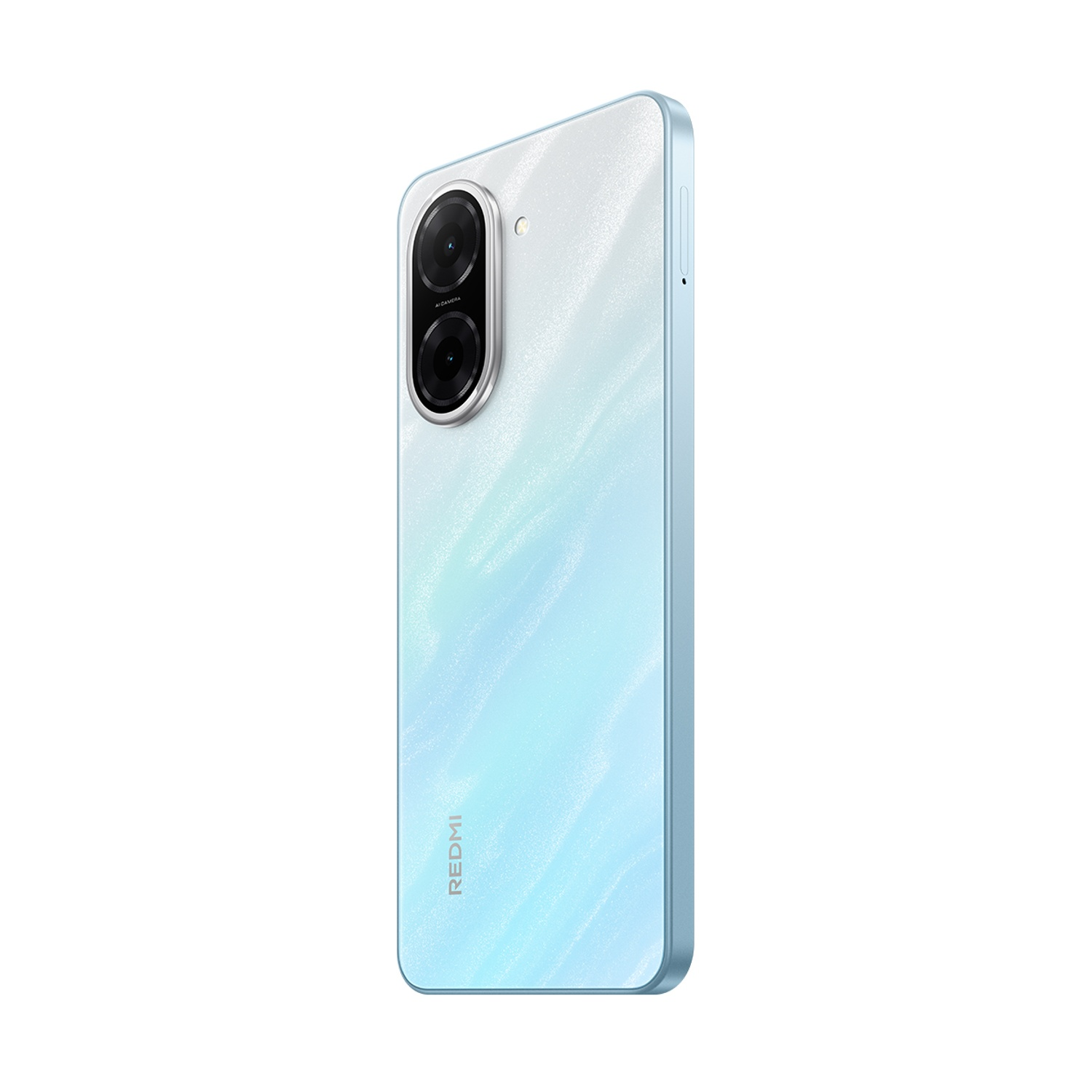 Viene mostrato uno smartphone azzurro con doppia fotocamera. Il logo Redmi è in basso. Lo sfondo è bianco.