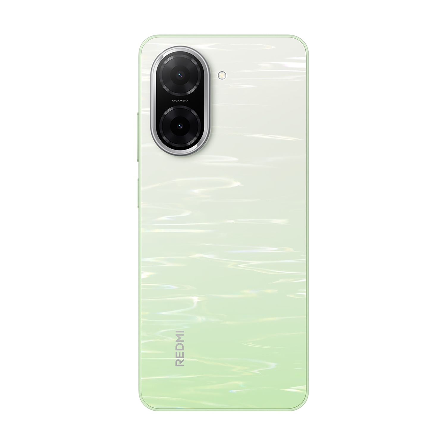 Un telefono Redmi verde chiaro. Ha una configurazione a doppia fotocamera e una finitura perlata. Il logo Redmi è in basso.