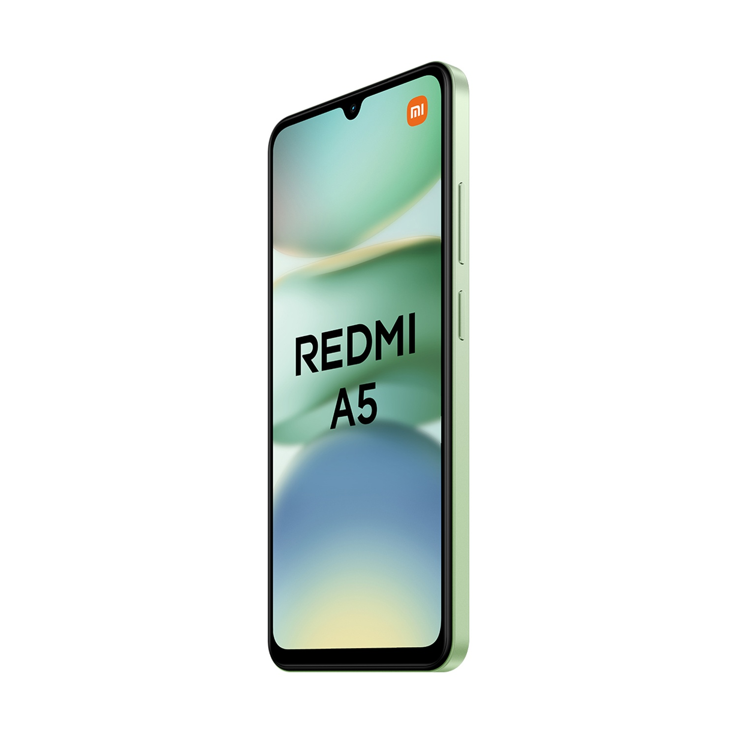 Uno smartphone Redmi A5 verde menta. Lo schermo mostra un design astratto colorato. Il logo Xiaomi è in alto a destra.