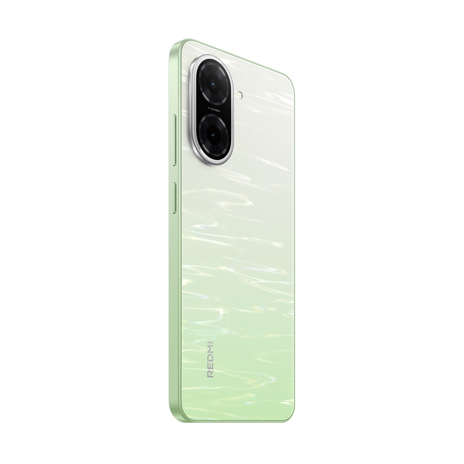 Uno smartphone verde menta con due obiettivi. Il telefono ha la scritta REDMI sul retro ed è posizionato ad angolo.