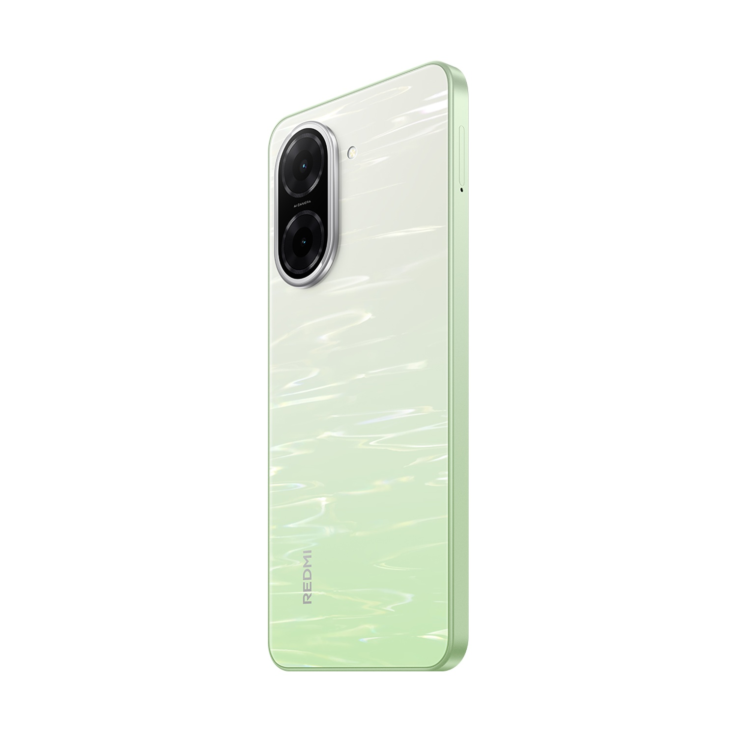 Uno smartphone verde menta, angolato a destra, con due fotocamere e il logo Redmi visibile. Il telefono è su sfondo bianco.