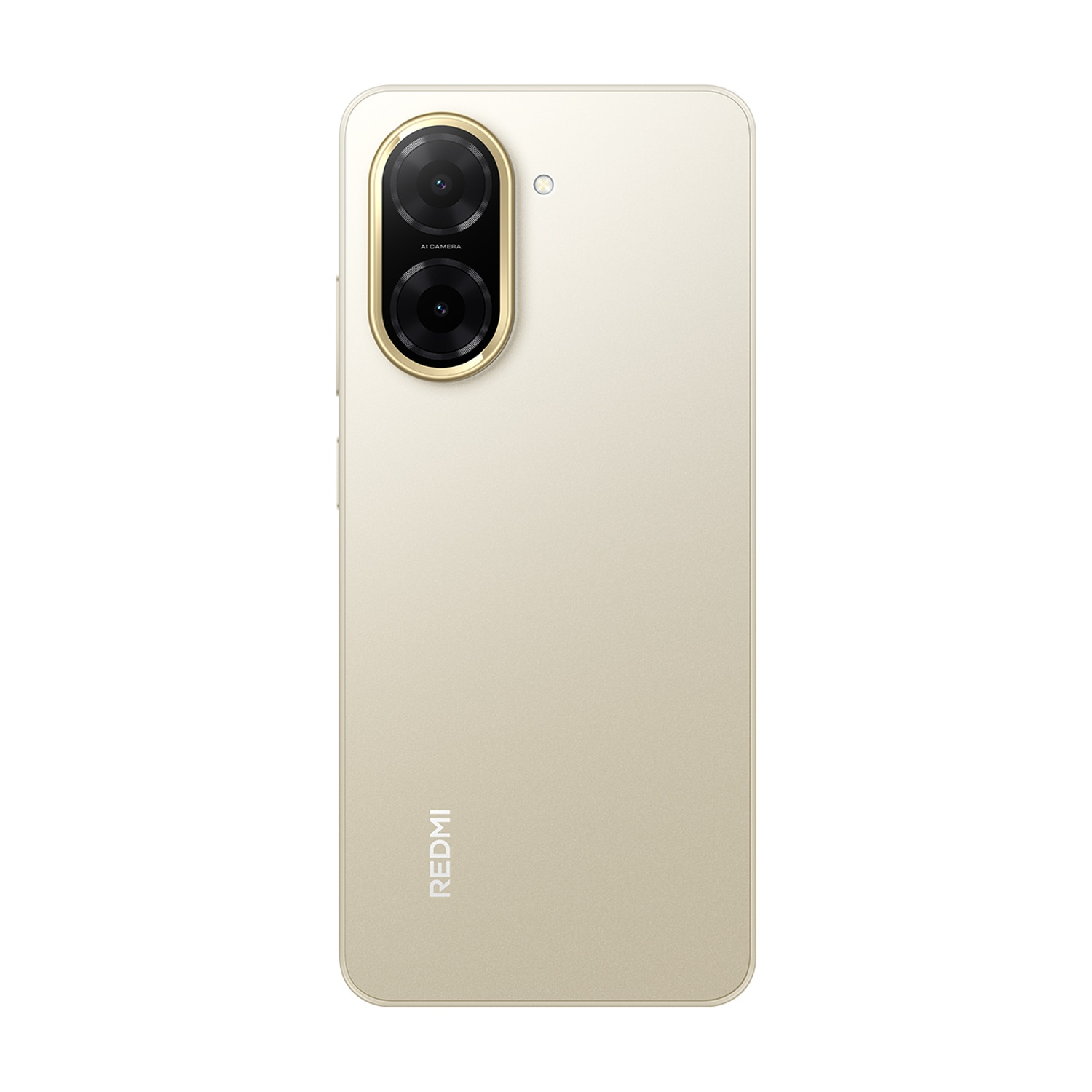 Retro del telefono dorato. Due fotocamere in alto, etichetta AI CAMERA. Logo Redmi in basso. Colore beige.
