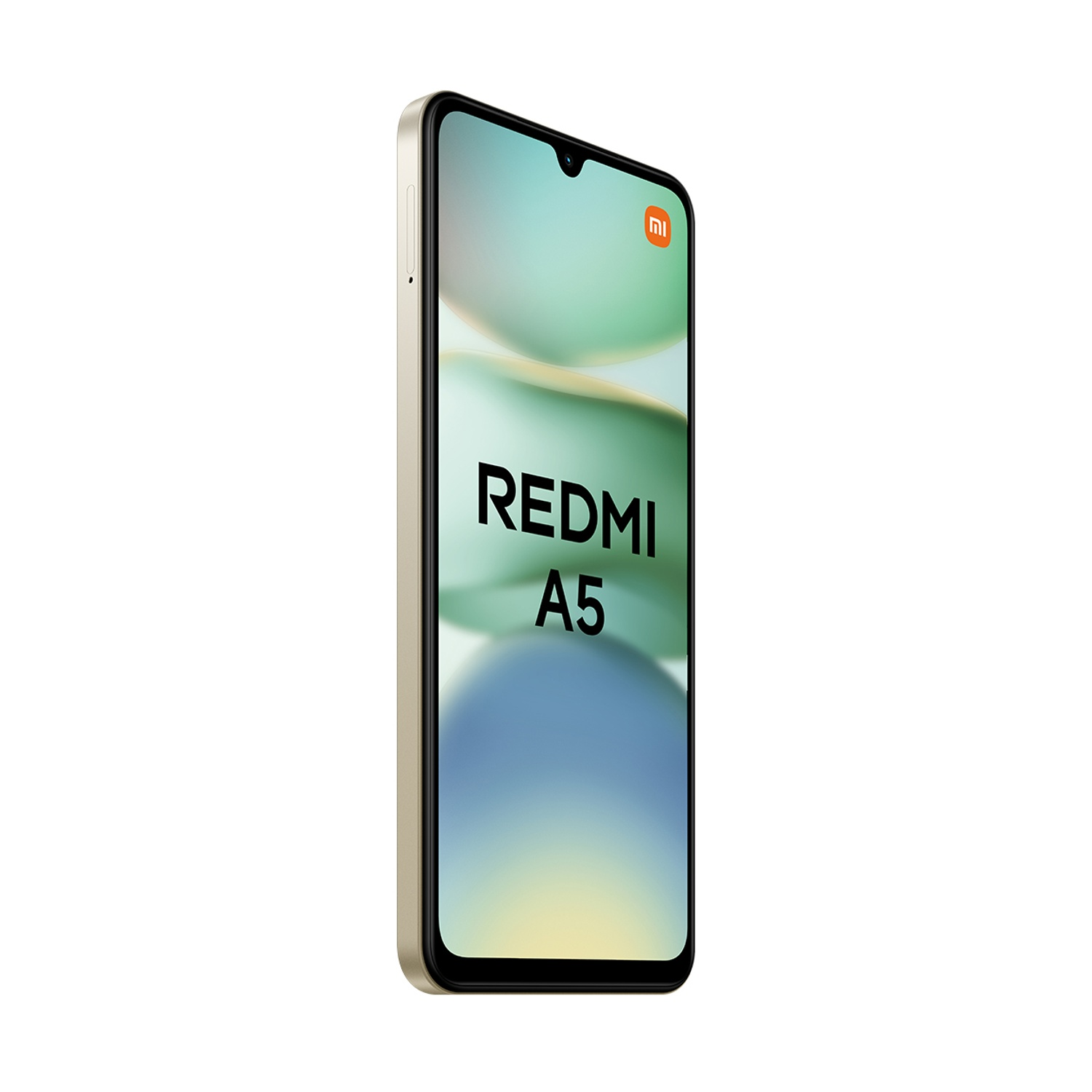 Uno smartphone Redmi A5. Lo schermo mostra il nome del marchio. Il telefono è oro chiaro con cornice nera e sfondo bianco.