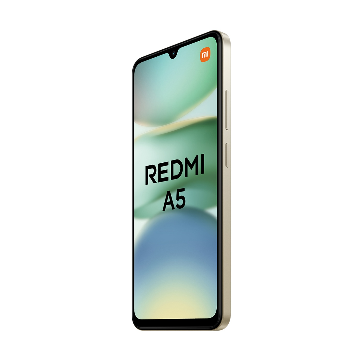 Uno smartphone Redmi A5 con schermo che mostra uno sfondo sfocato. Il telefono è oro chiaro e ha il logo Mi.
