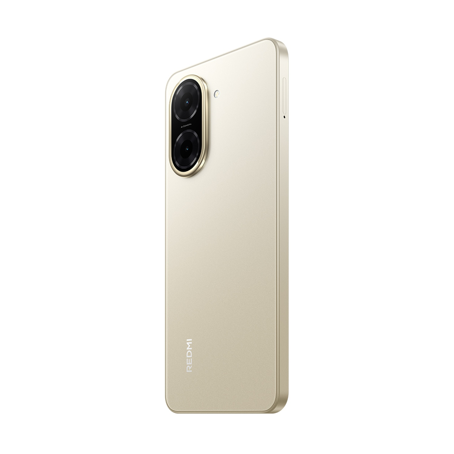 Un telefono Redmi color oro è mostrato da un'angolazione. Il telefono ha una configurazione a doppia fotocamera ed è visibile il logo Redmi.
