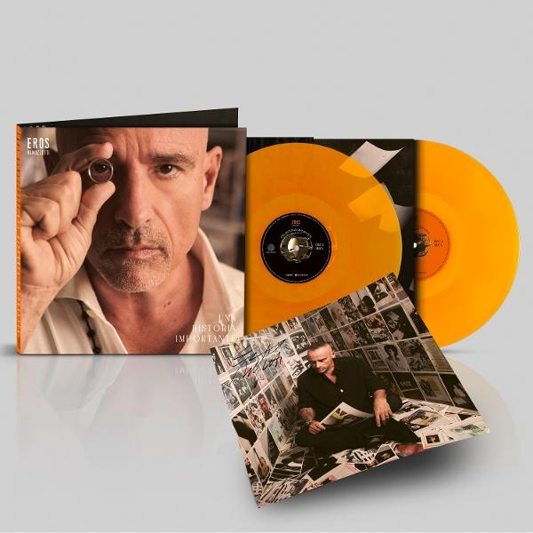 Album borító és bakelit lemezek. Férfi gyűrűt tart. Narancssárga bakelitek. Az album borítója a férfit mutatja. Fotók háttere.