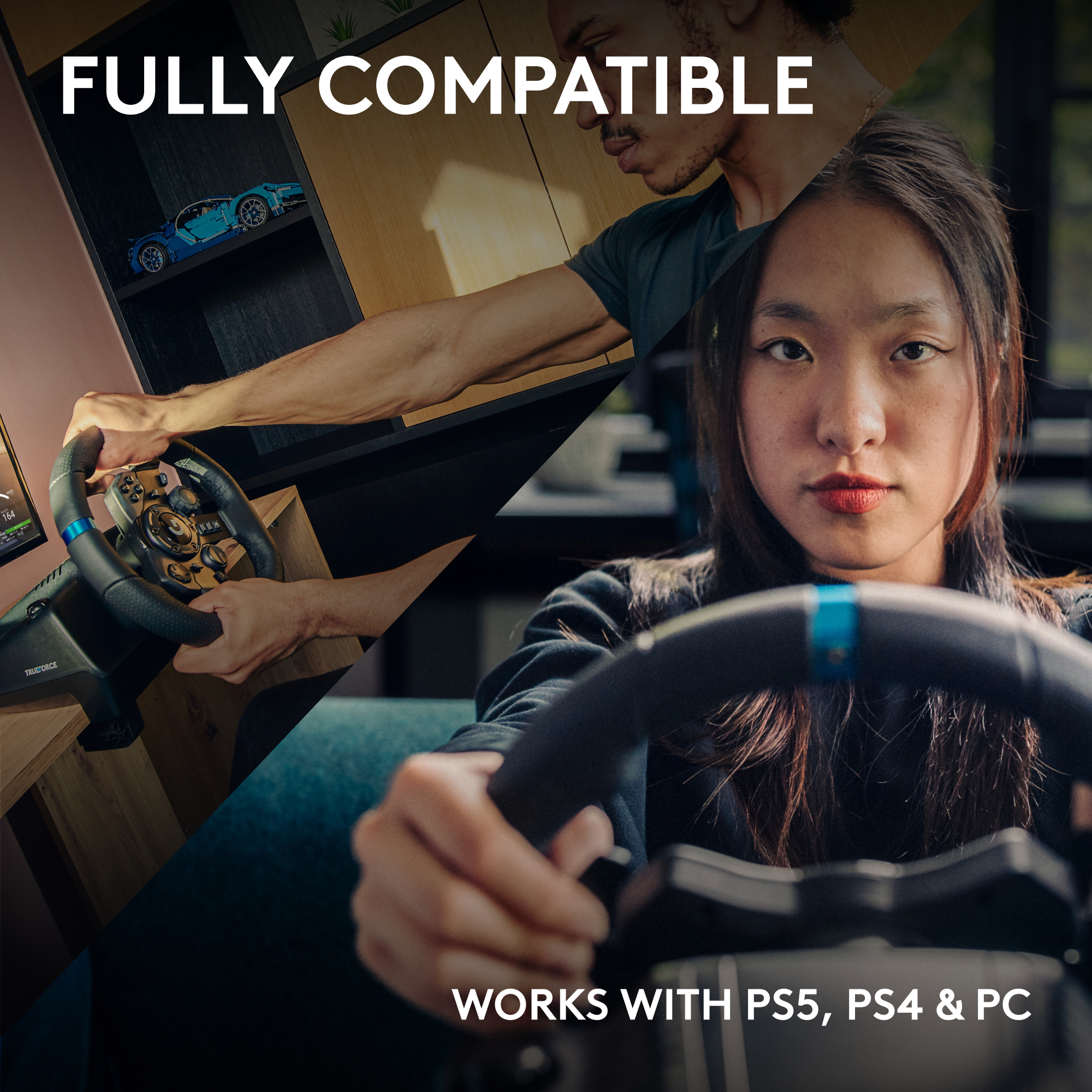 L'image montre une femme tenant un volant. Le texte ci-dessus dit 'FULLY COMPATIBLE' et 'WORKS WITH PS5, PS4 & PC'.