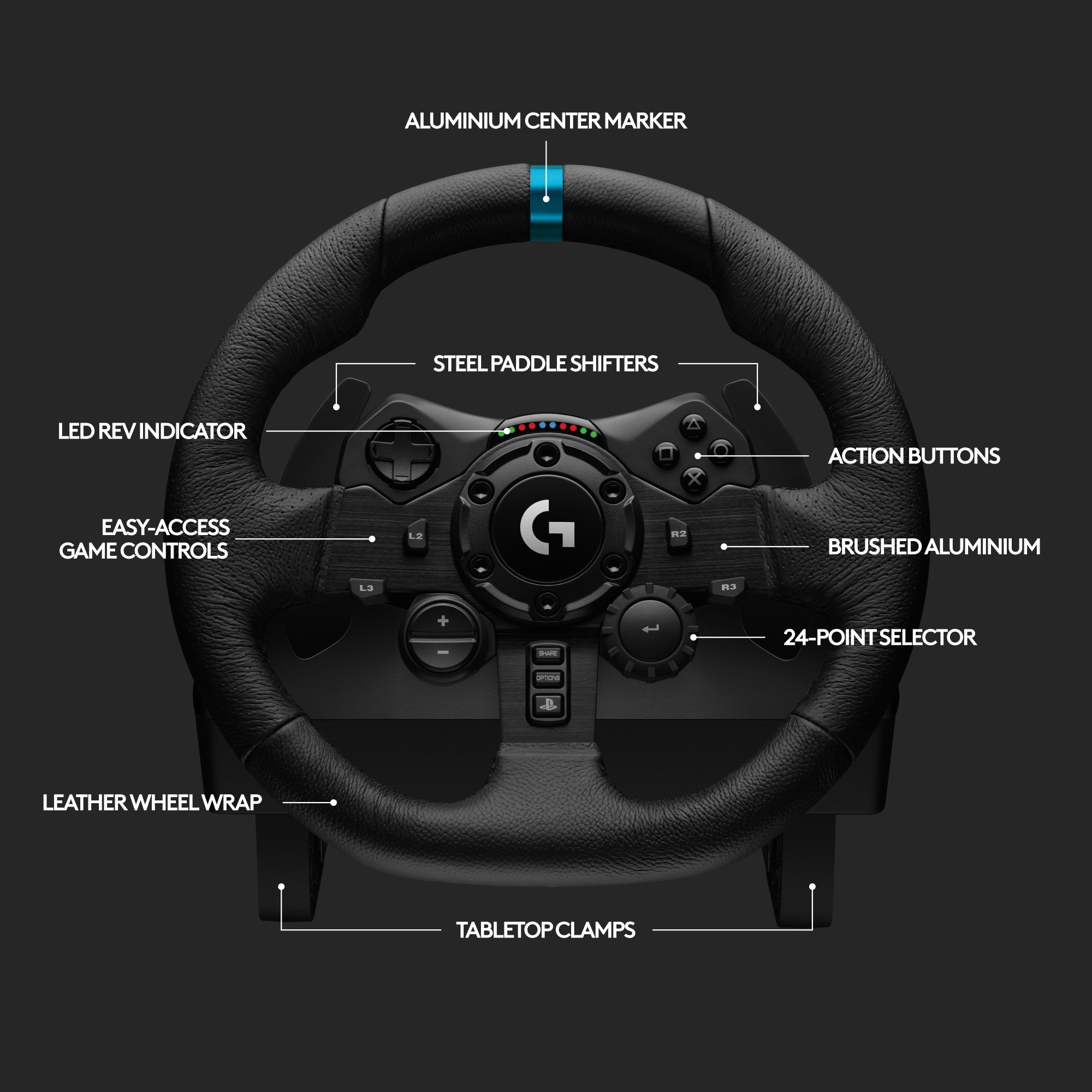 Un volant noir avec boutons, accents en aluminium et revêtement en cuir, étiqueté avec des fonctions comme les palettes.