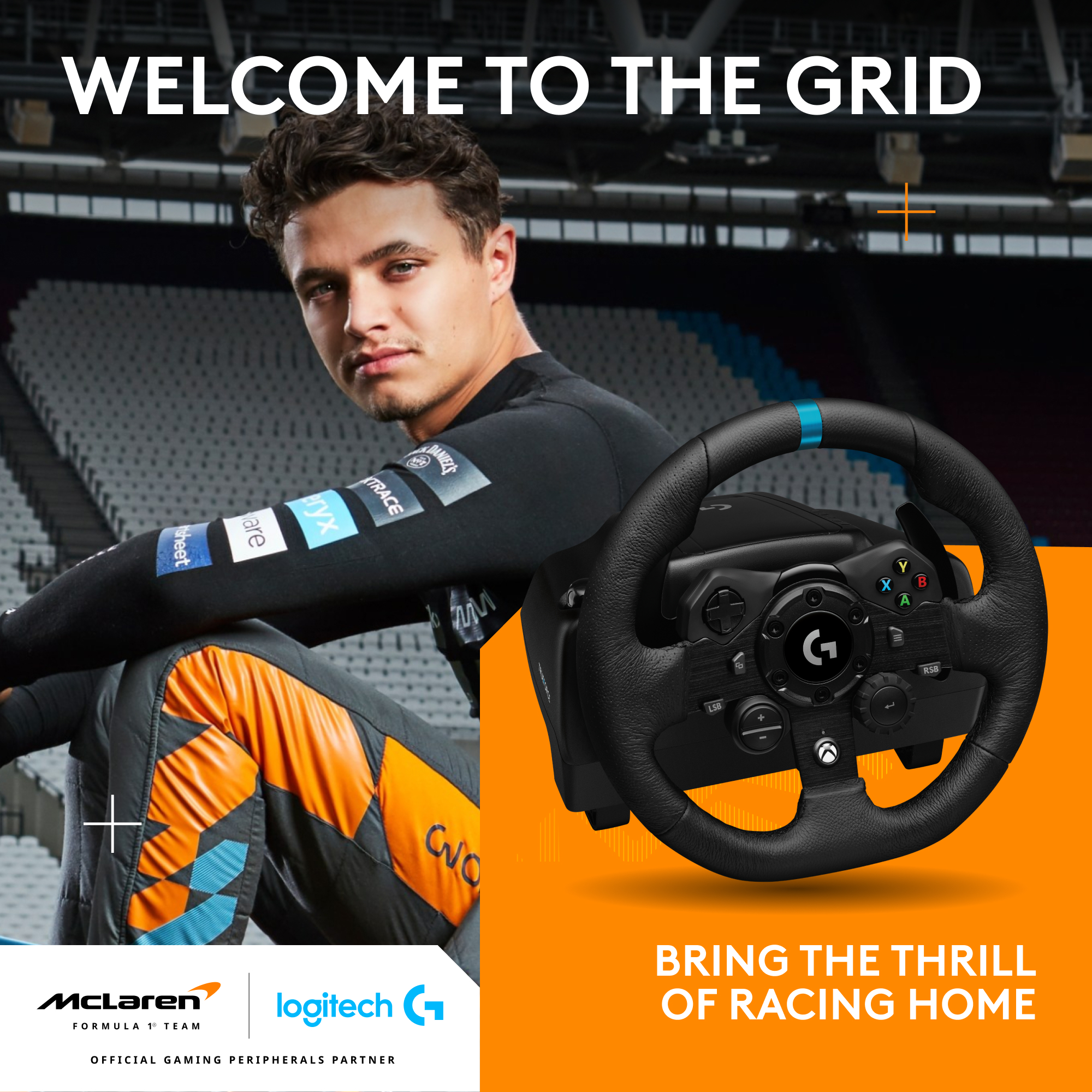 Uomo con volante. È una promozione per McLaren e Logitech. Testo: Benvenuti in griglia. Porta l'emozione a casa.