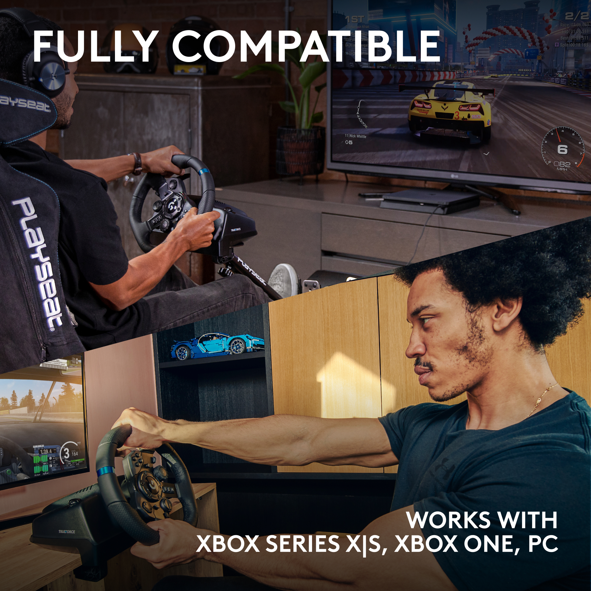 Due uomini usano volanti da corsa con display di gioco. Testo: Pienamente compatibile, funziona con Xbox Series X|S, Xbox One, PC.